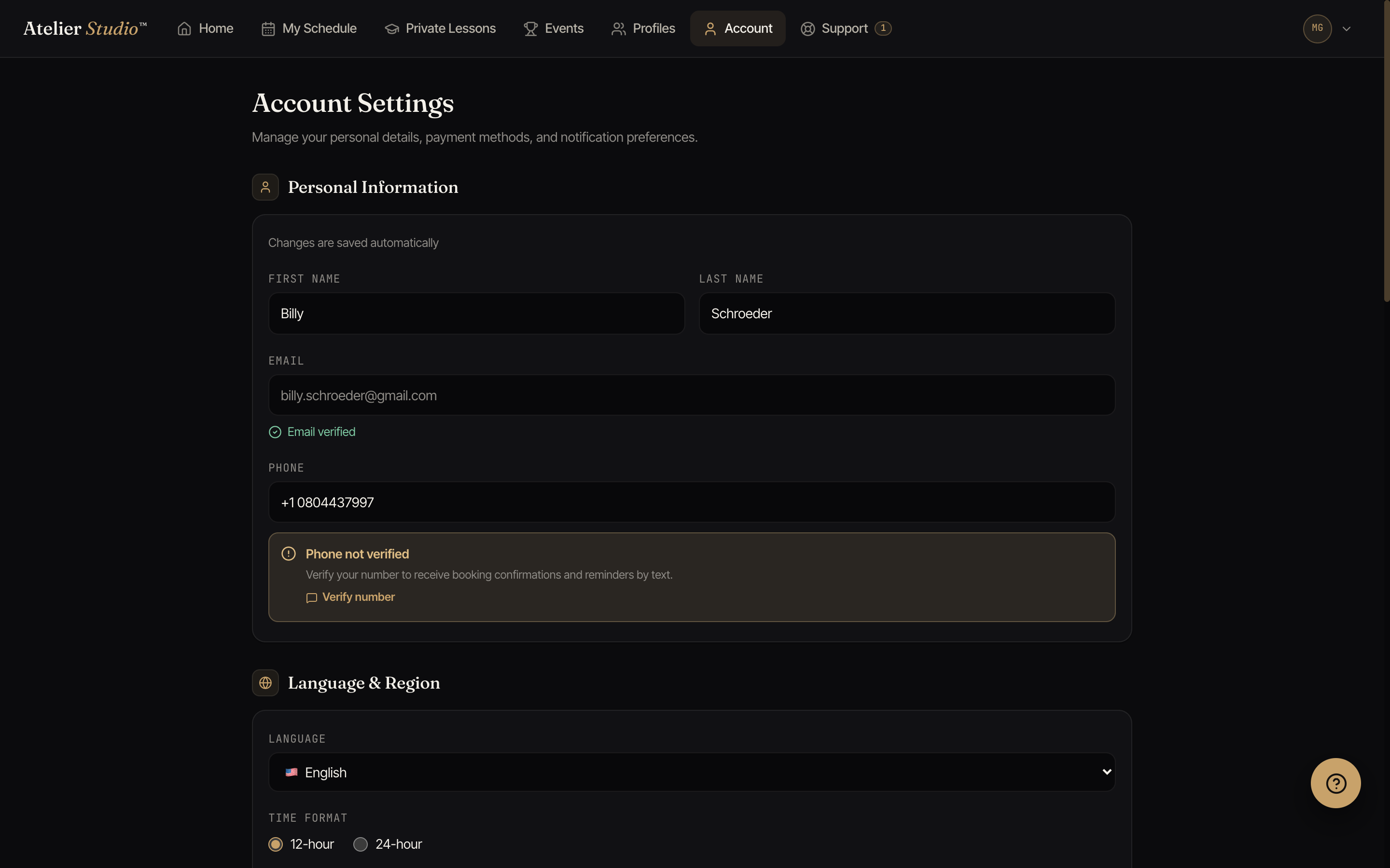 The Account page showing Personal Information fields for name, email, and phone, each with a verification status underneath.