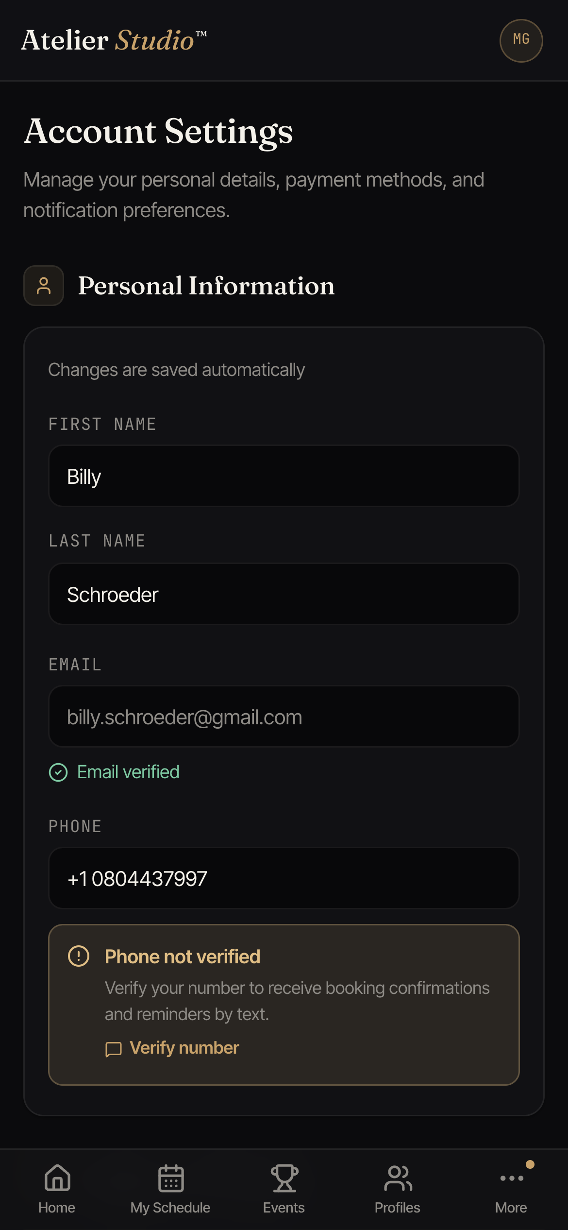 The Account page showing Personal Information fields for name, email, and phone, each with a verification status underneath.
