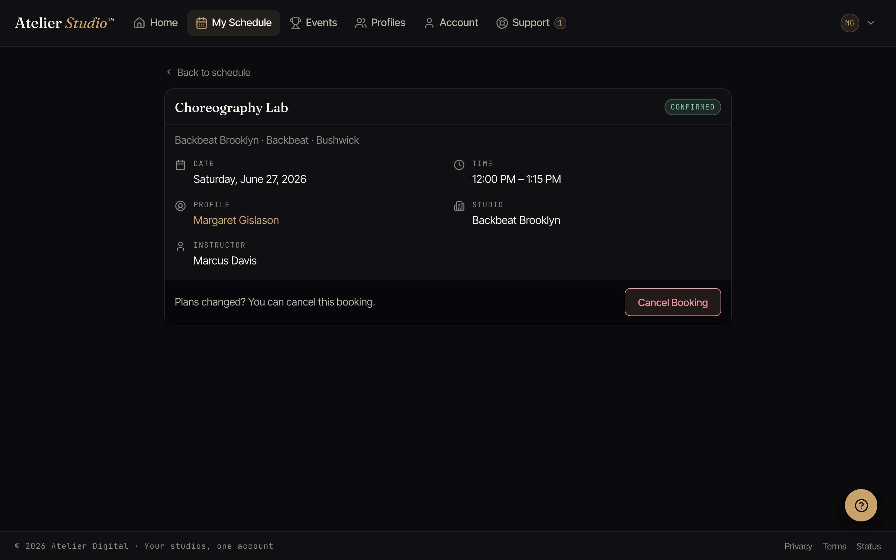 A booking detail page showing the class details and a Cancel Booking button.
