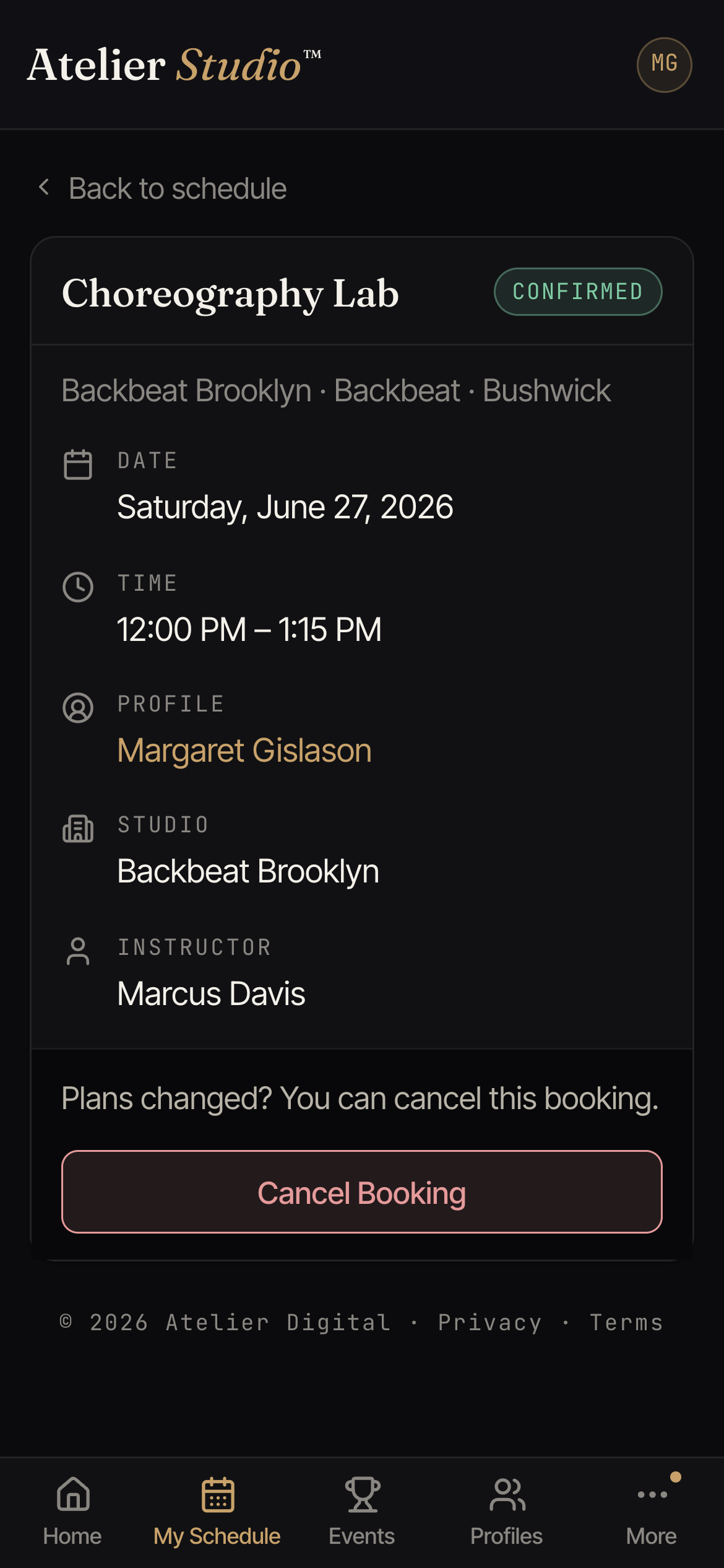 A booking detail page showing the class details and a Cancel Booking button.