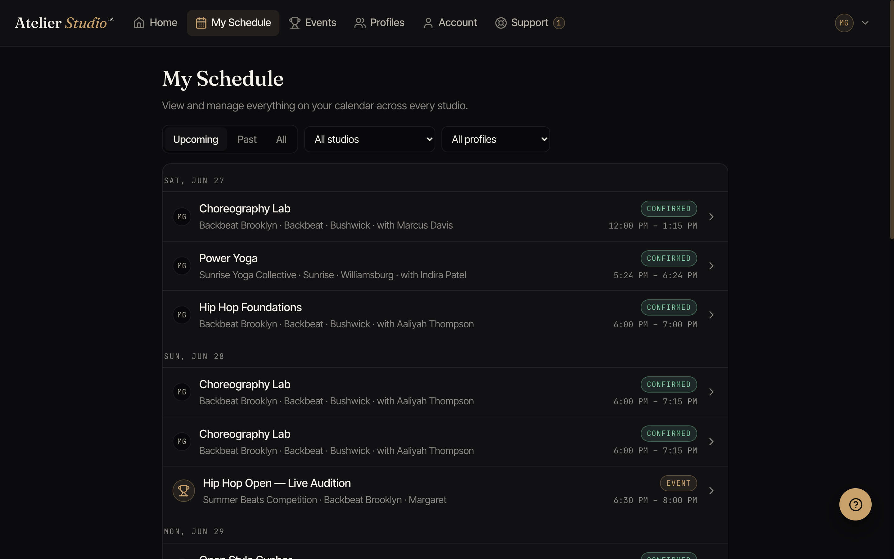 The My Schedule page listing upcoming classes grouped by date, each marked Confirmed.