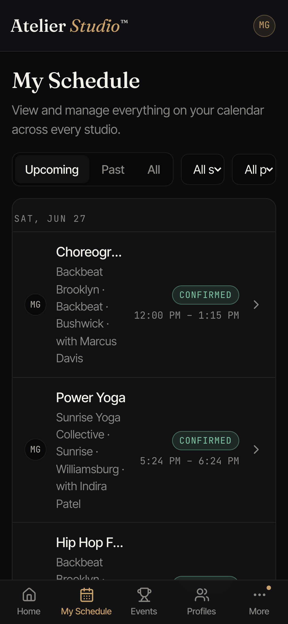 The My Schedule page listing upcoming classes grouped by date, each marked Confirmed.