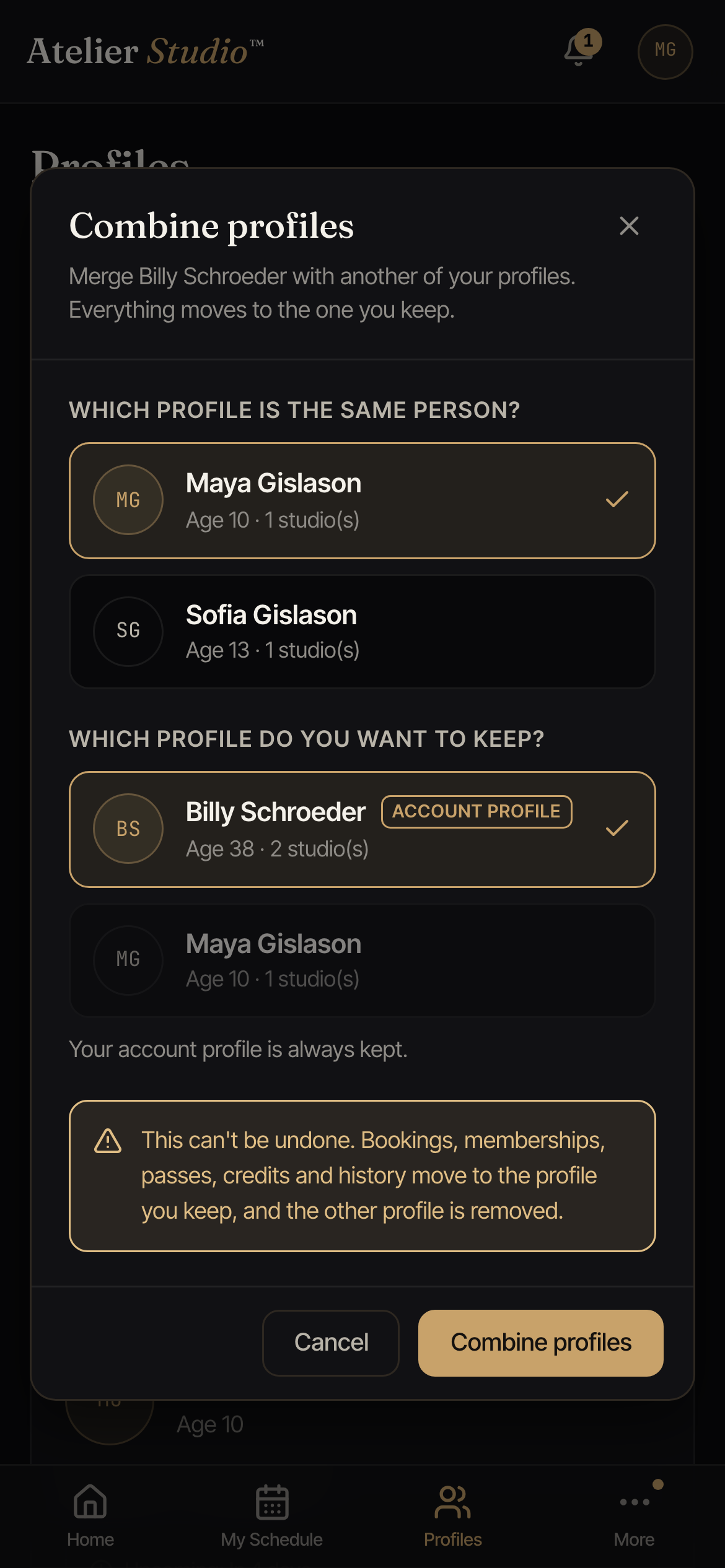 The Combine profiles dialog: choose the matching profile, then pick which one to keep.