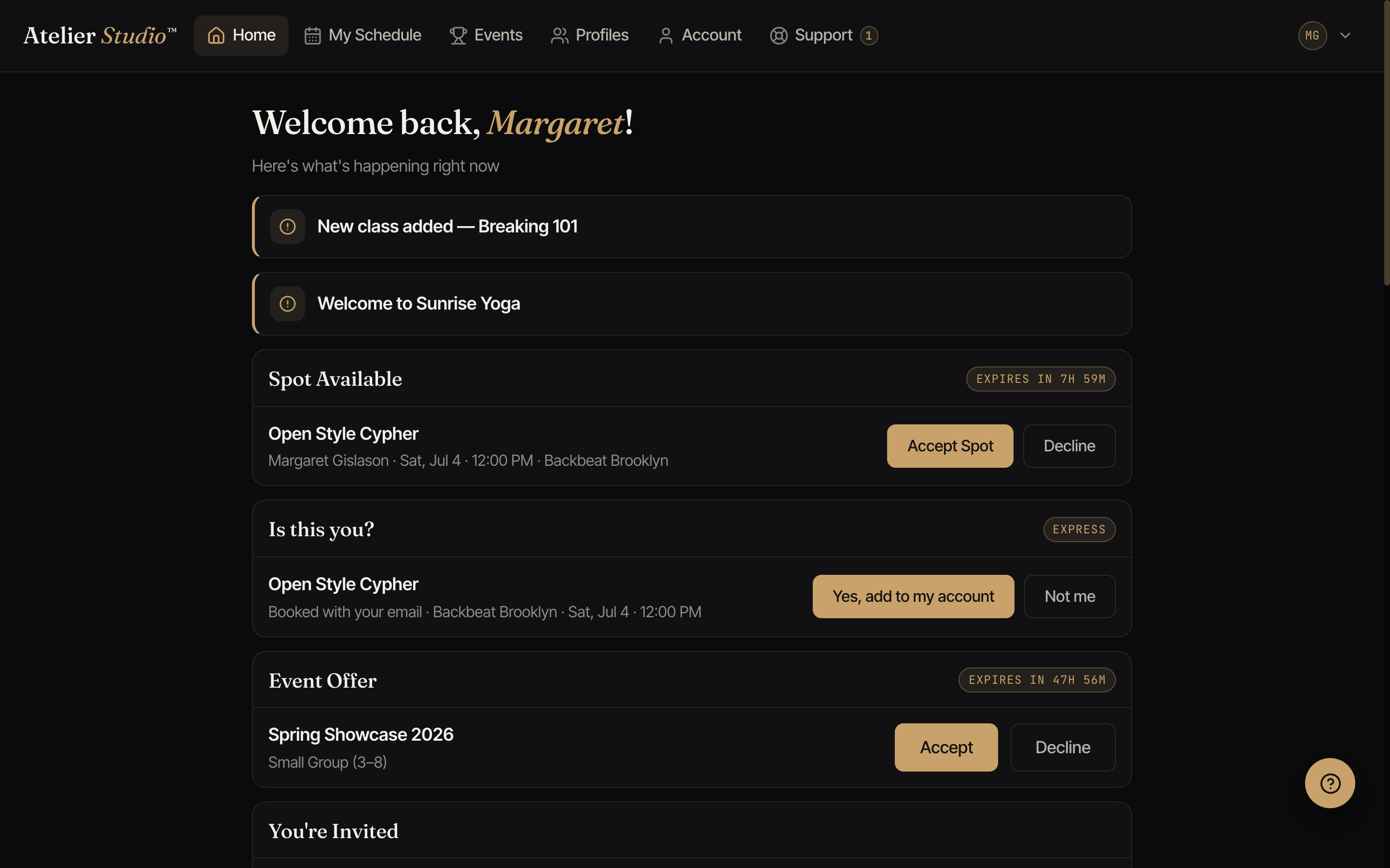An 'Is this you?' band on the home screen showing a class booked with the member's email, with 'Yes, add to my account' and 'Not me' buttons.