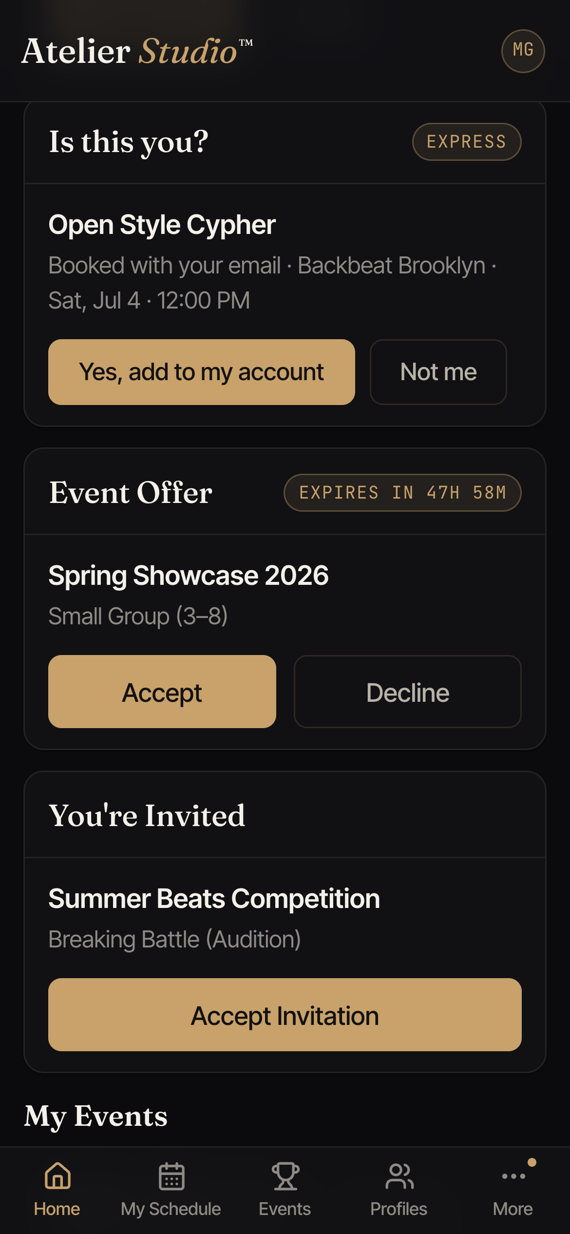 An 'Is this you?' band on the home screen showing a class booked with the member's email, with 'Yes, add to my account' and 'Not me' buttons.