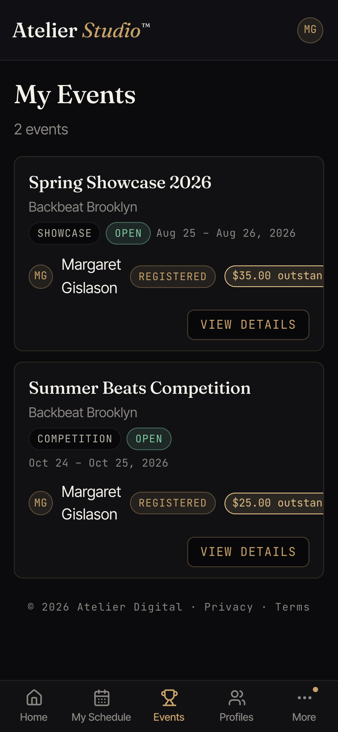 A My Events page listing a showcase and a competition, each marked Registered with dates.