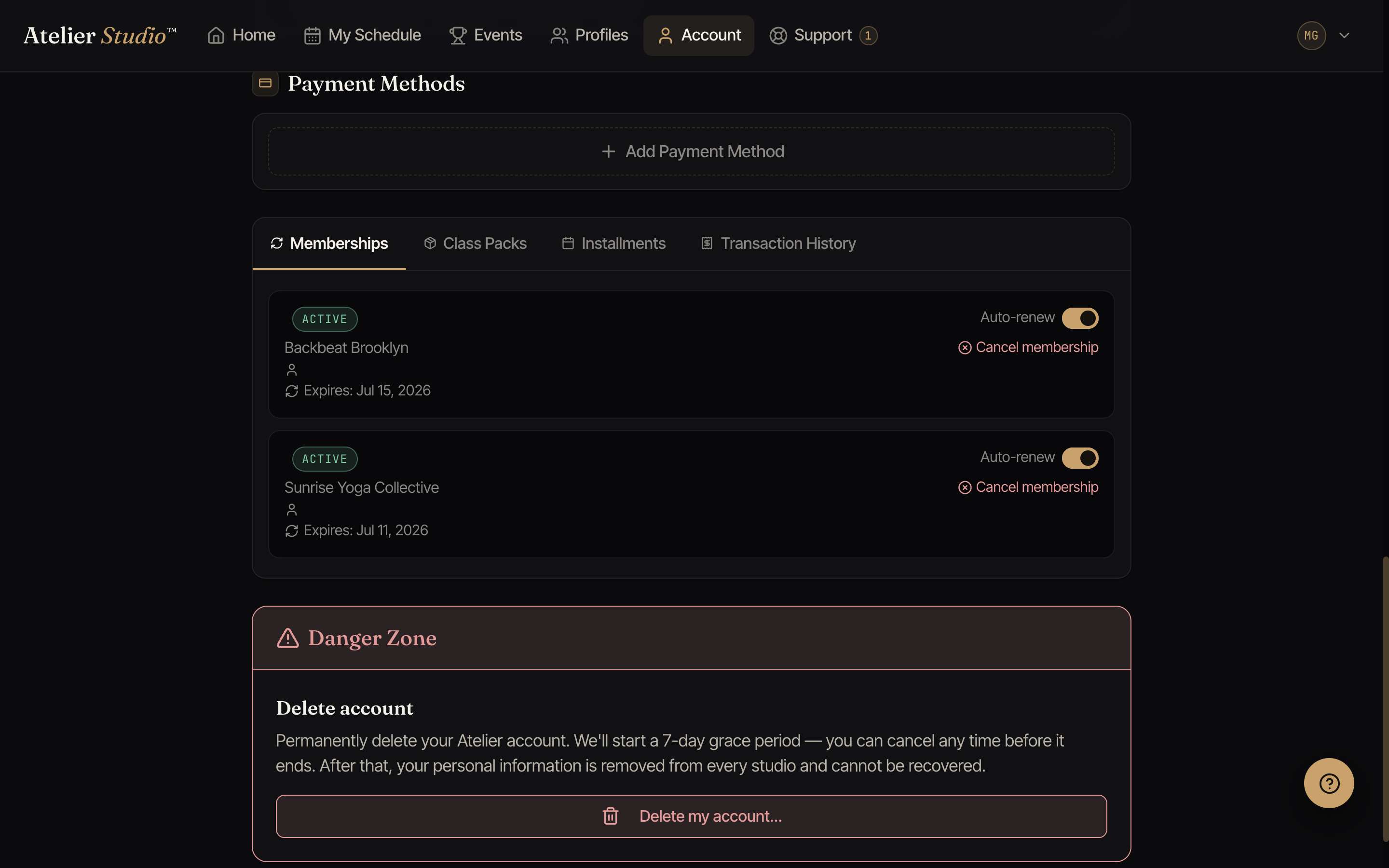 The Payment Methods section of the Account page with an Add Payment Method button.