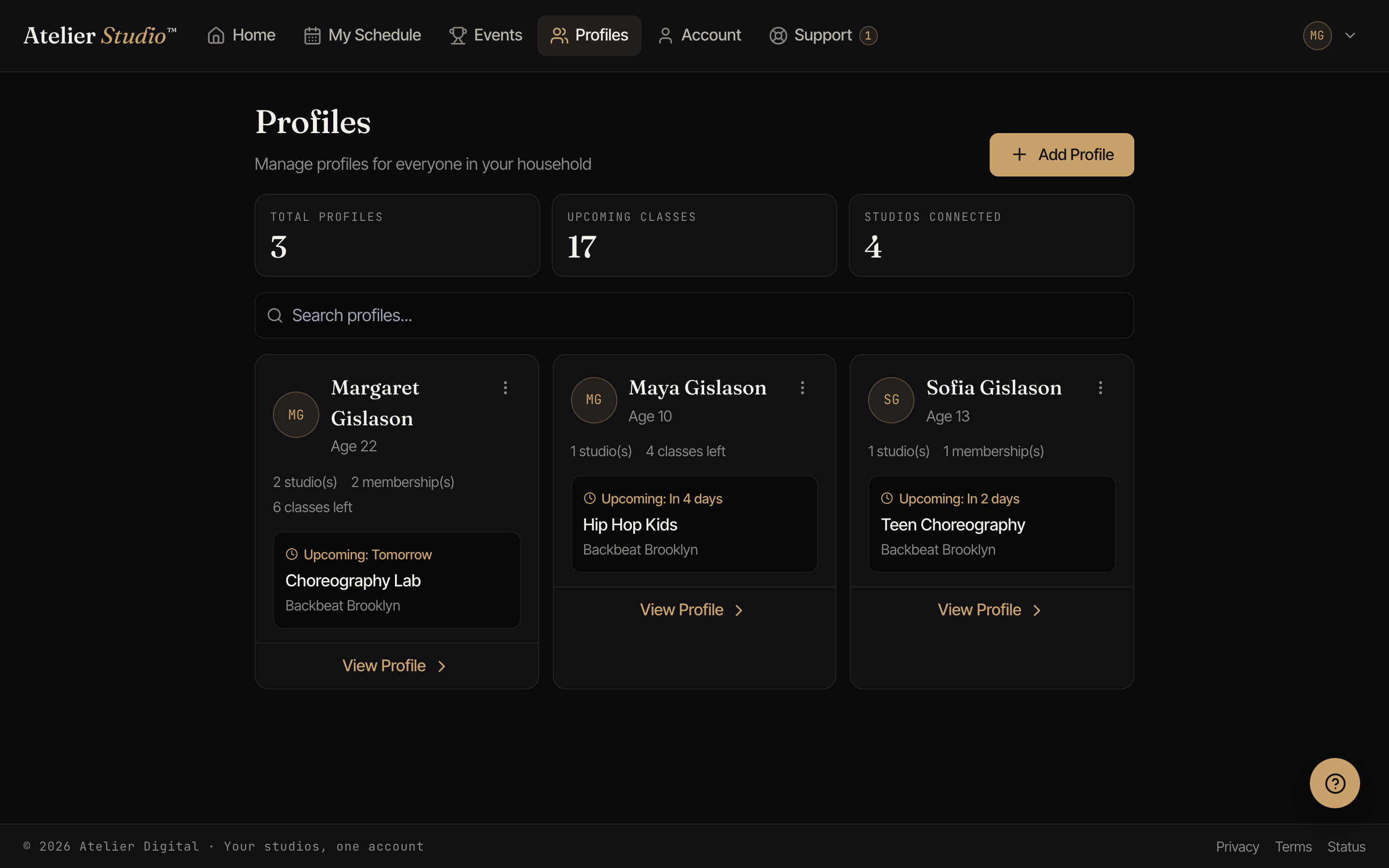 A Profiles page with cards for the account holder and two children, each showing their classes and memberships.