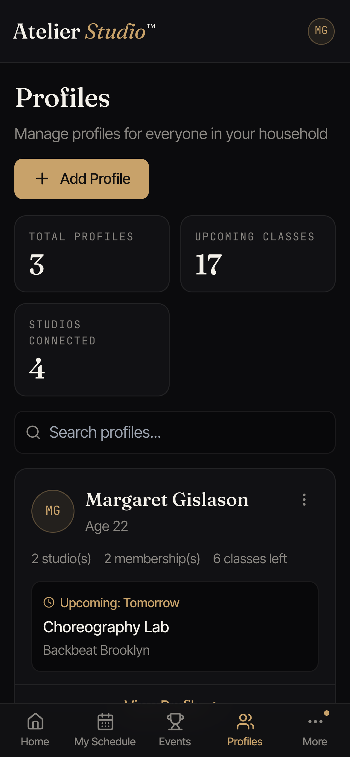 A Profiles page with cards for the account holder and two children, each showing their classes and memberships.