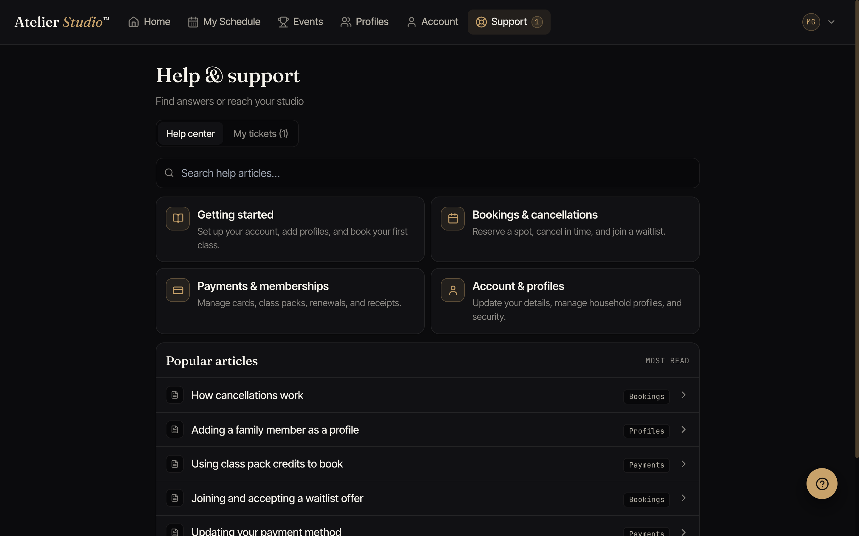 A Help and support page with a search box, help topics, and popular articles.
