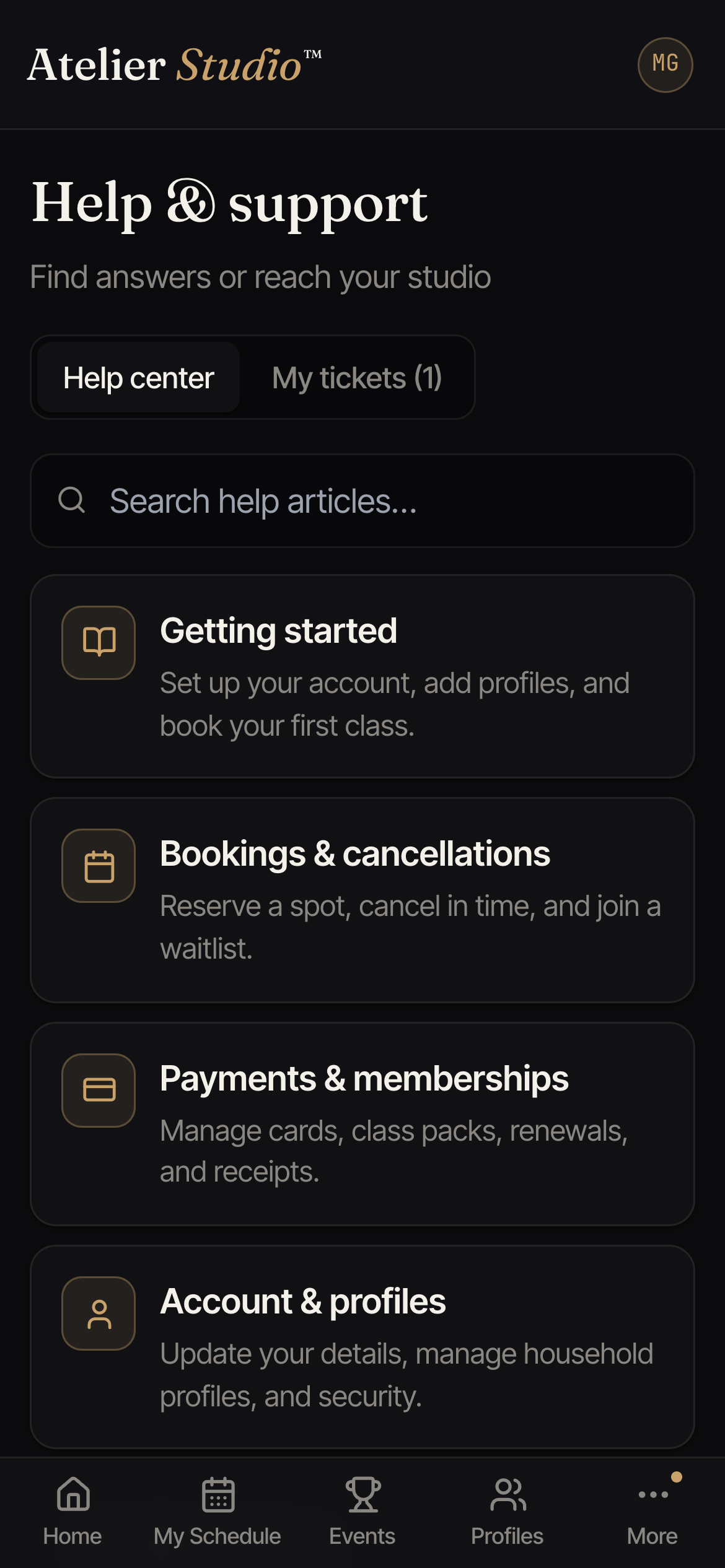 A Help and support page with a search box, help topics, and popular articles.