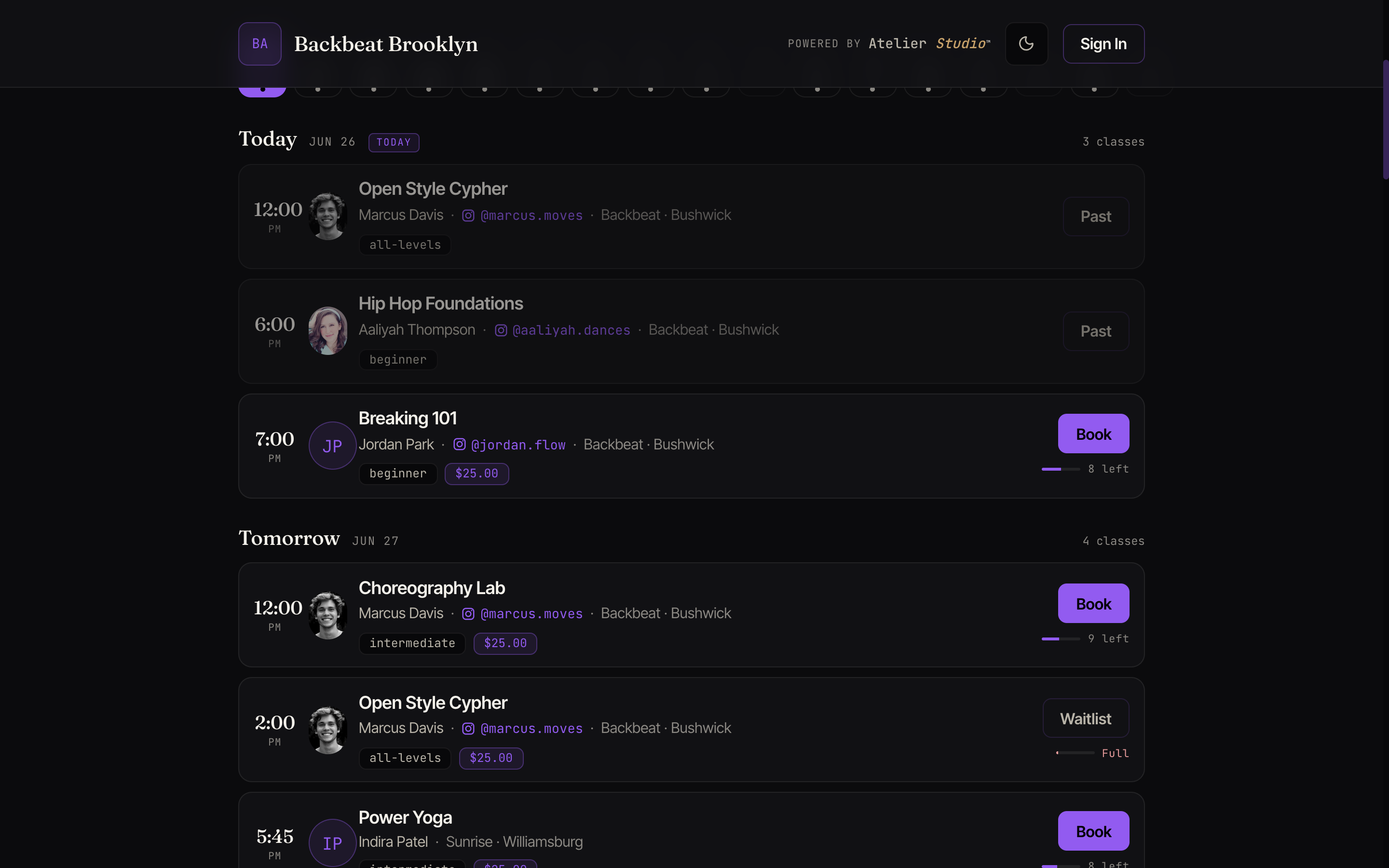 A list of classes, each with a Book button, price, and the number of spots left.