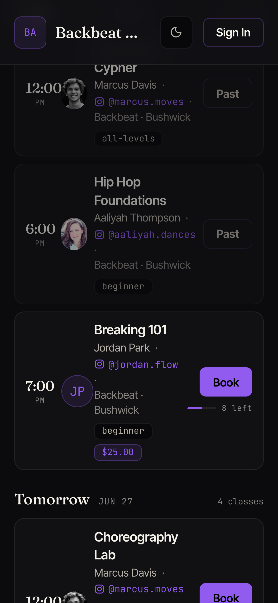 A list of classes, each with a Book button, price, and the number of spots left.