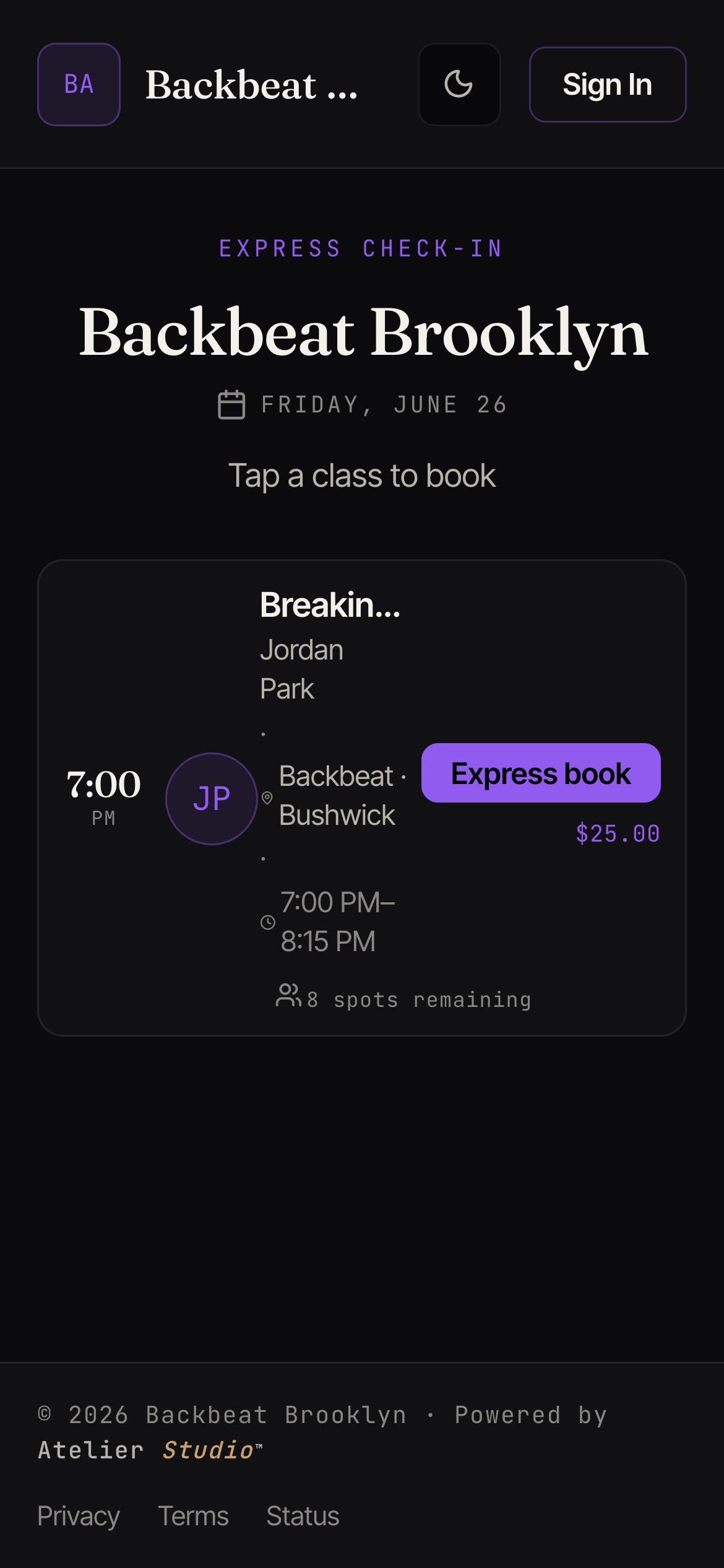 An Express Check-In page listing today's classes, each with an Express book button and price.