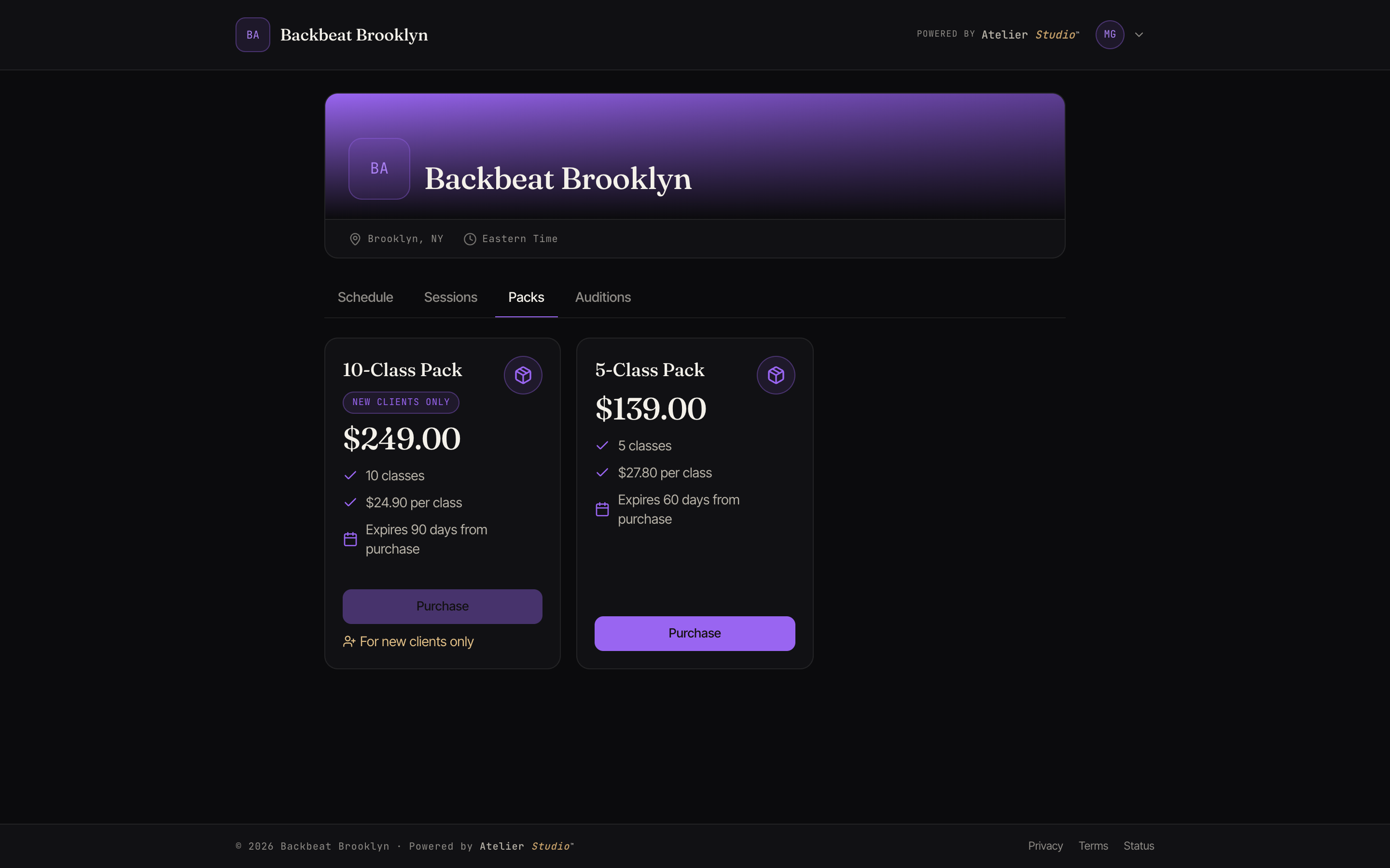 The Packs tab with two class packs. The first carries a 'New clients only' badge and has its Purchase button switched off with the note 'For new clients only'; the second can be bought normally.