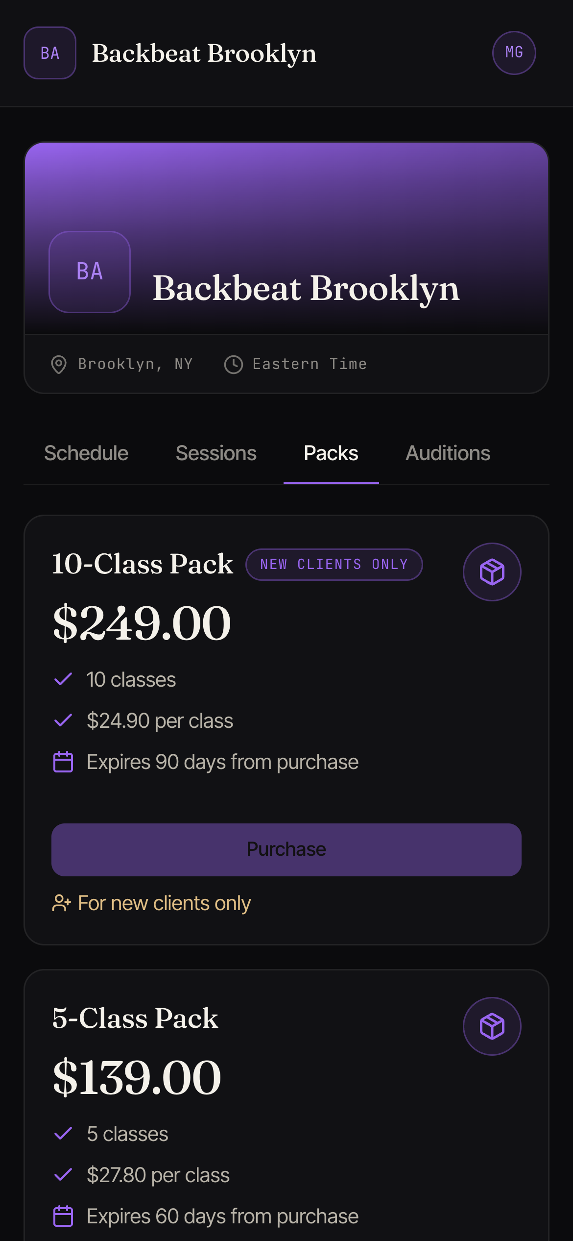 The Packs tab with two class packs. The first carries a 'New clients only' badge and has its Purchase button switched off with the note 'For new clients only'; the second can be bought normally.