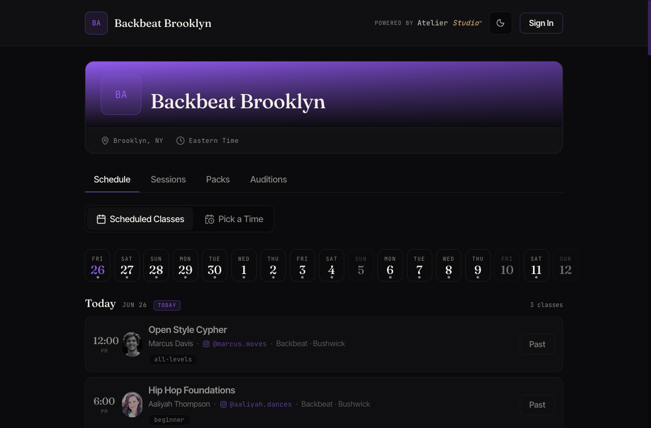 A studio booking page showing the day strip and the day's classes with times and instructors.