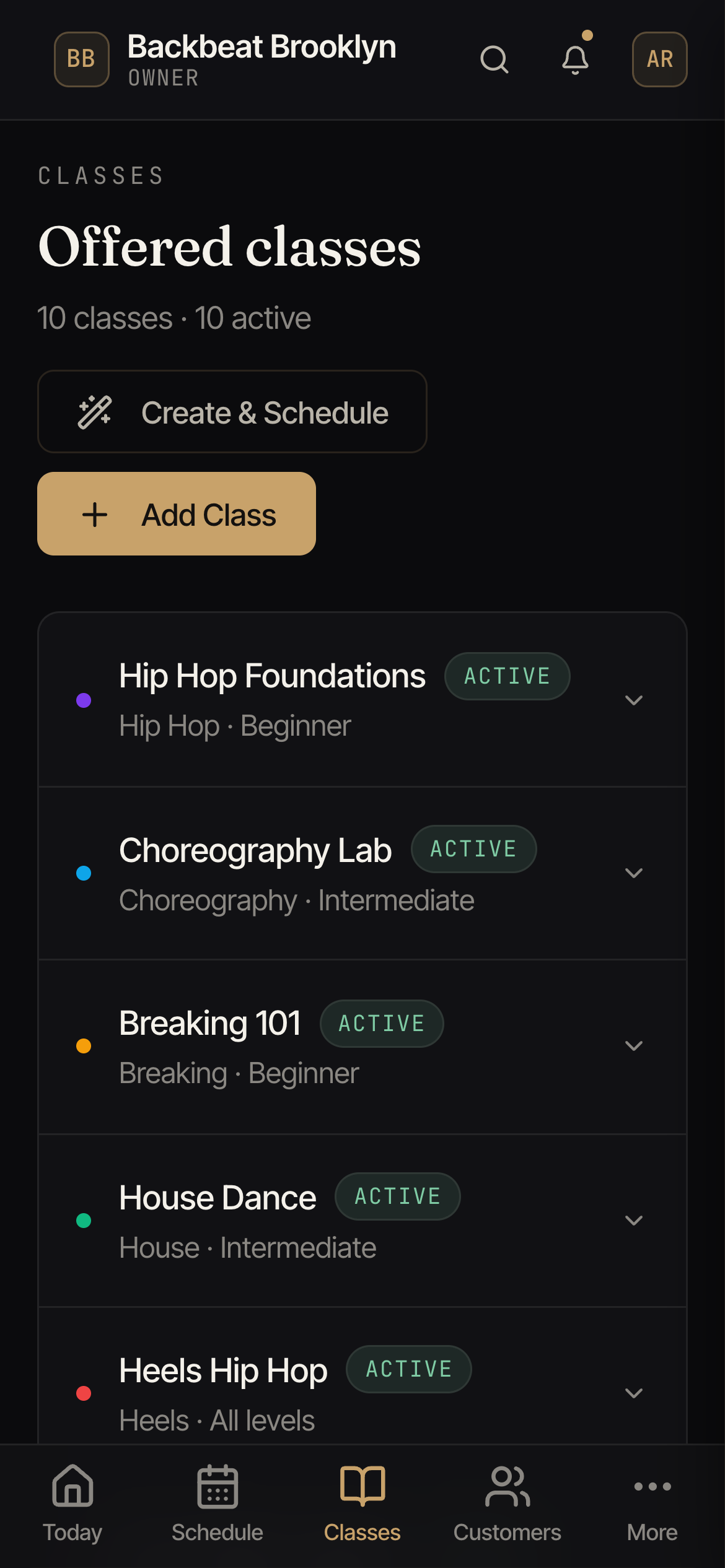 The Offered classes list showing each class with its duration, capacity, and drop-in price.