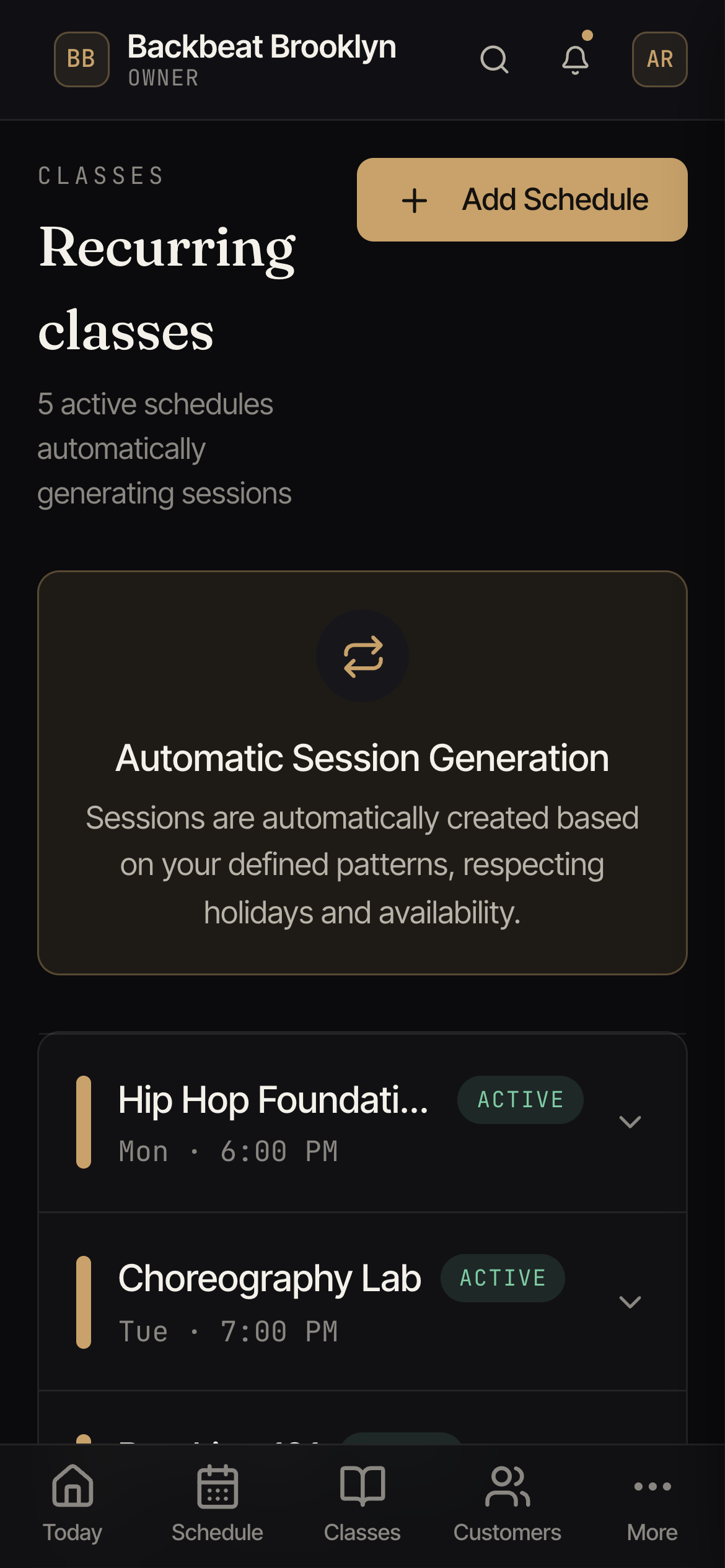 The Recurring classes screen with weekly schedules that automatically generate sessions.