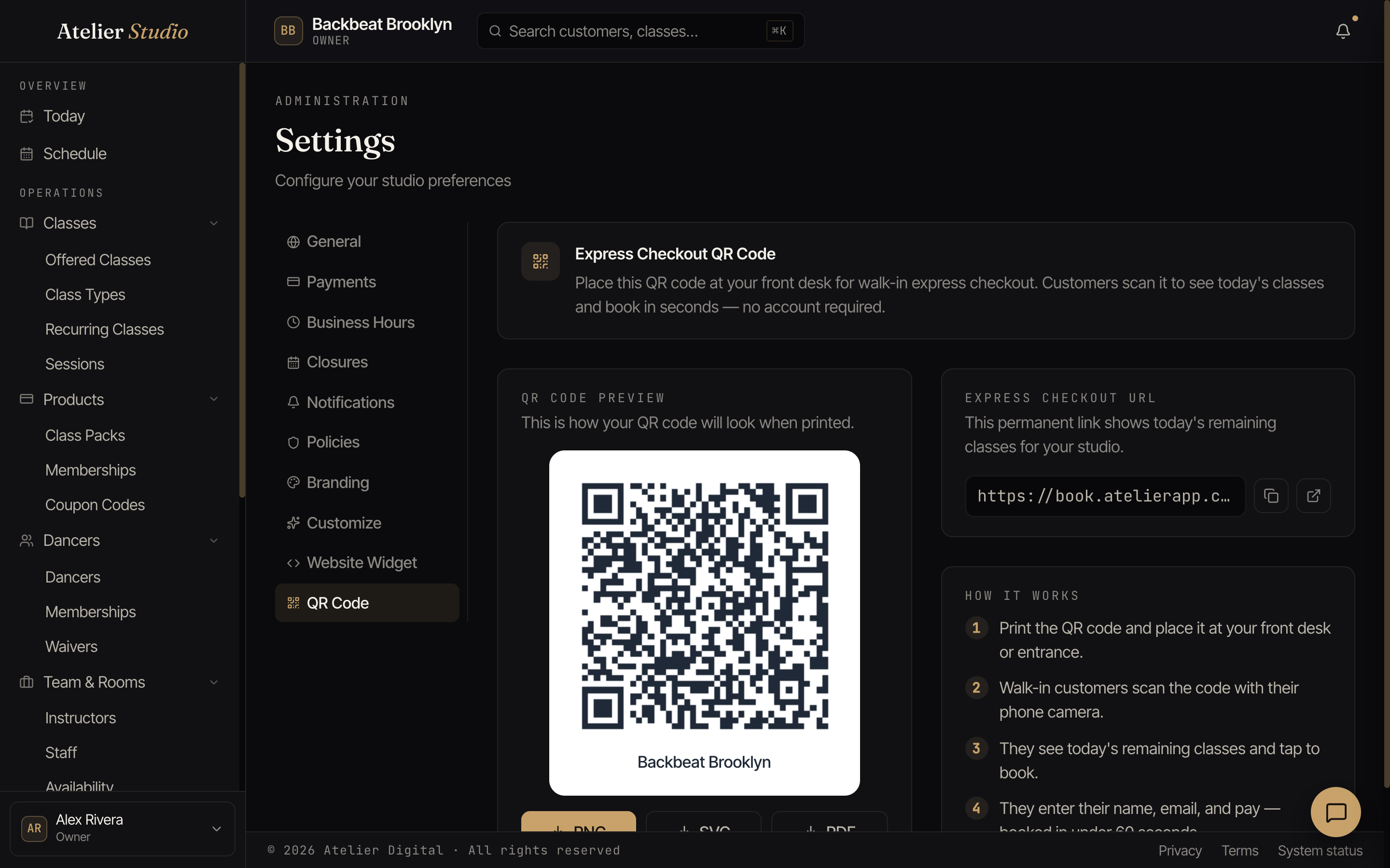 The Express Checkout QR code panel with a printable code, a permanent link, and how-it-works steps.