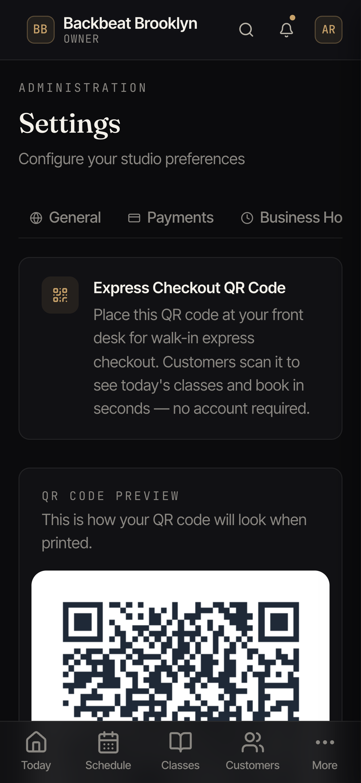 The Express Checkout QR code panel with a printable code, a permanent link, and how-it-works steps.