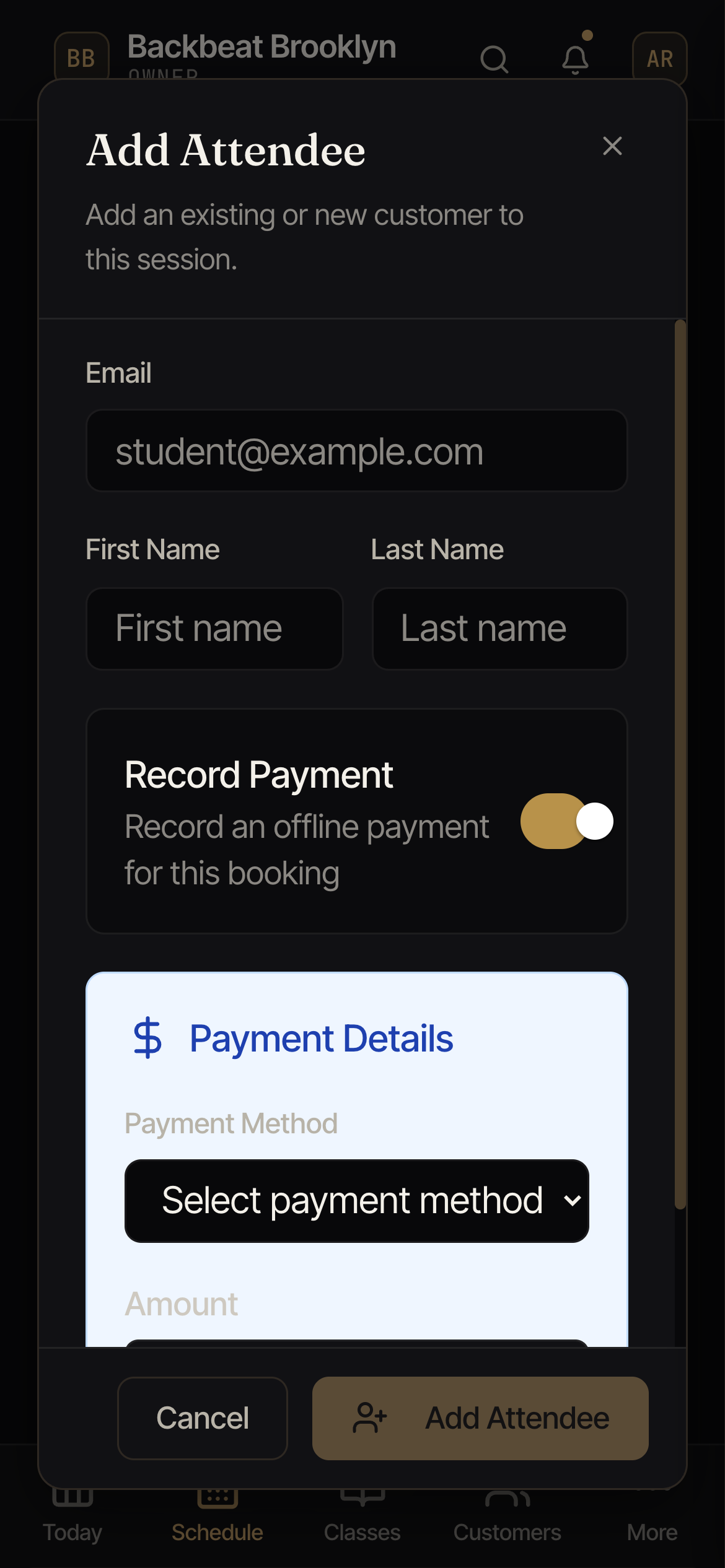 Adding someone to a class with the Record Payment toggle on, showing a payment method and amount.
