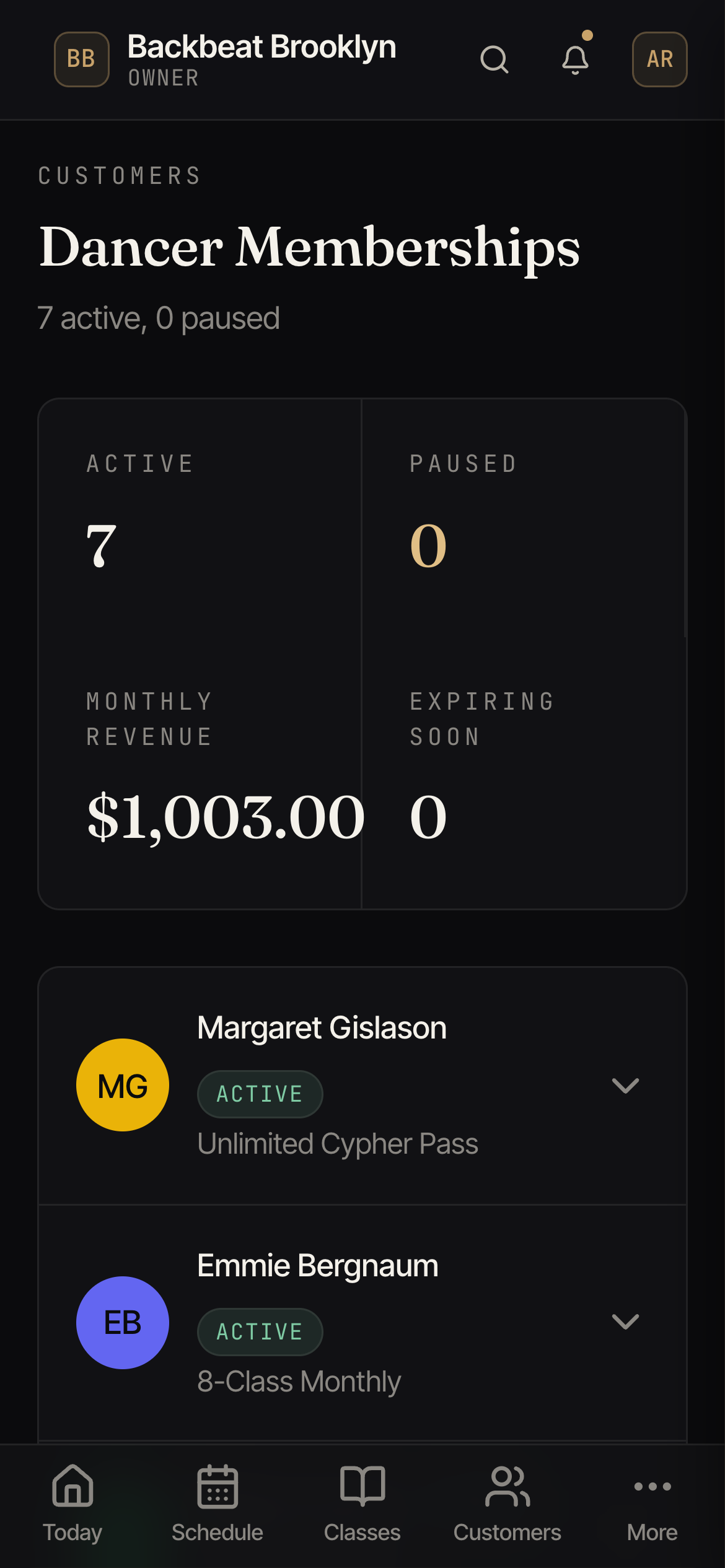 A list of customers and the memberships and passes they currently hold.