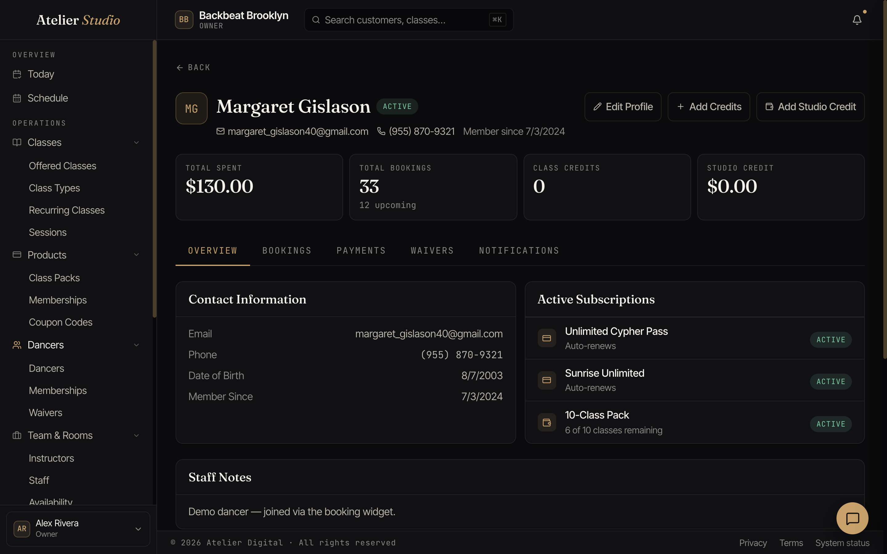 A customer profile showing total spent, bookings, active subscriptions, contact info, and staff notes.