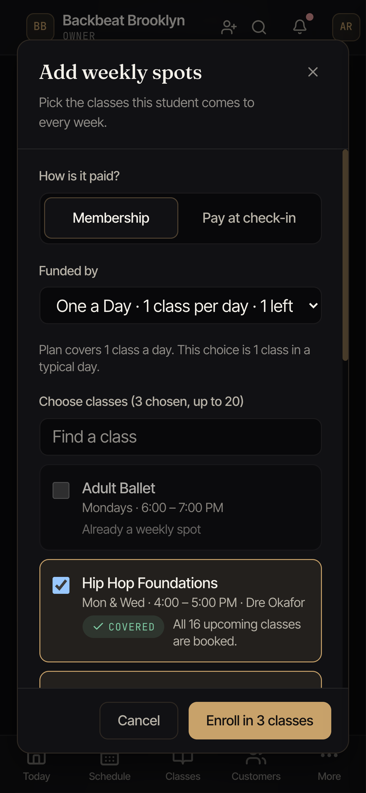 The Add weekly spots window with Membership chosen, the One a Day plan selected, the line Plan covers 1 class a day, and three classes ticked, each marked Covered.