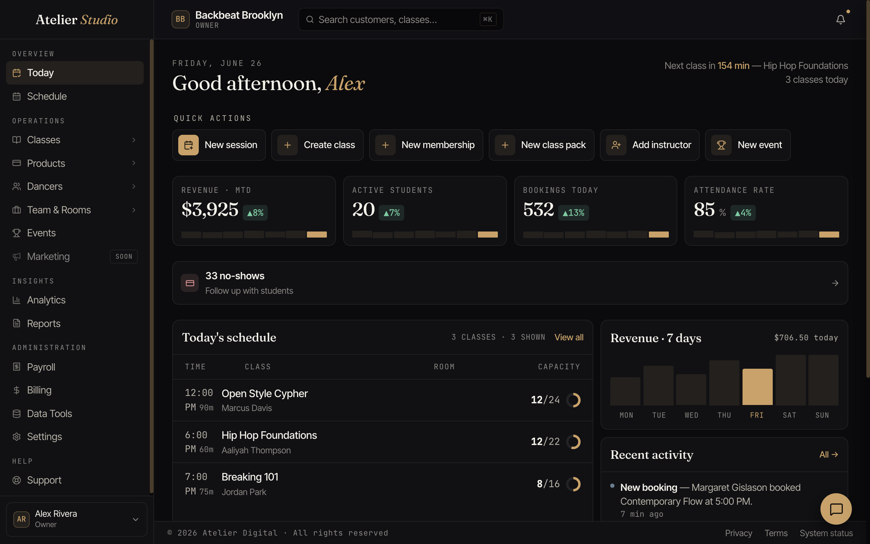 The Today screen, showing a greeting, quick action buttons, four summary numbers, and the day's classes.