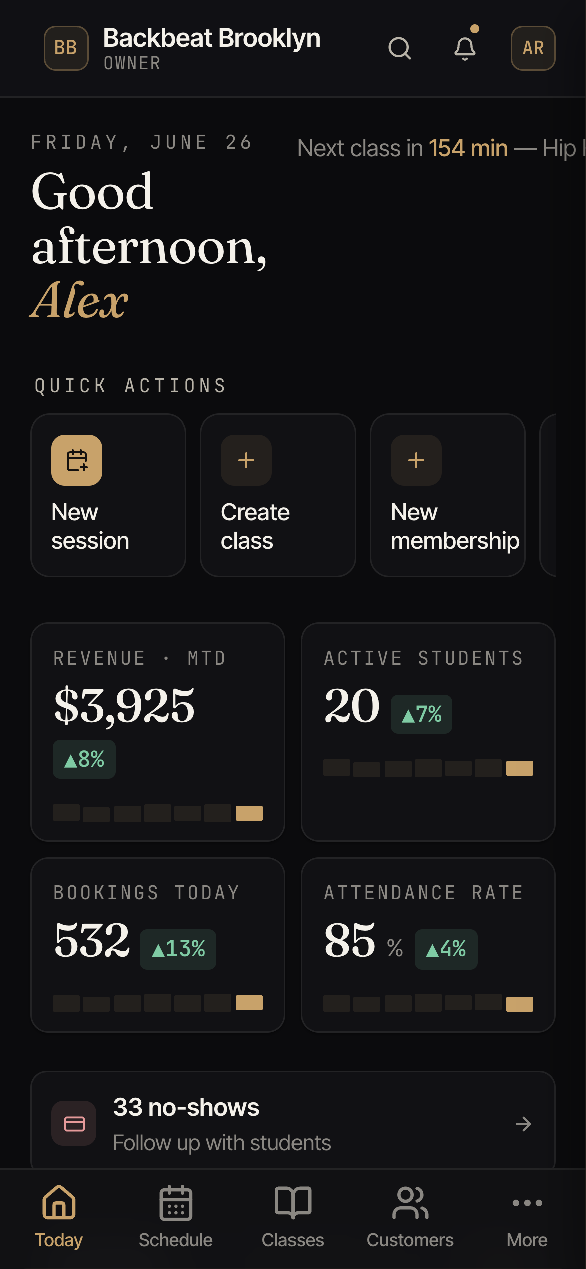 The Today screen, showing a greeting, quick action buttons, four summary numbers, and the day's classes.