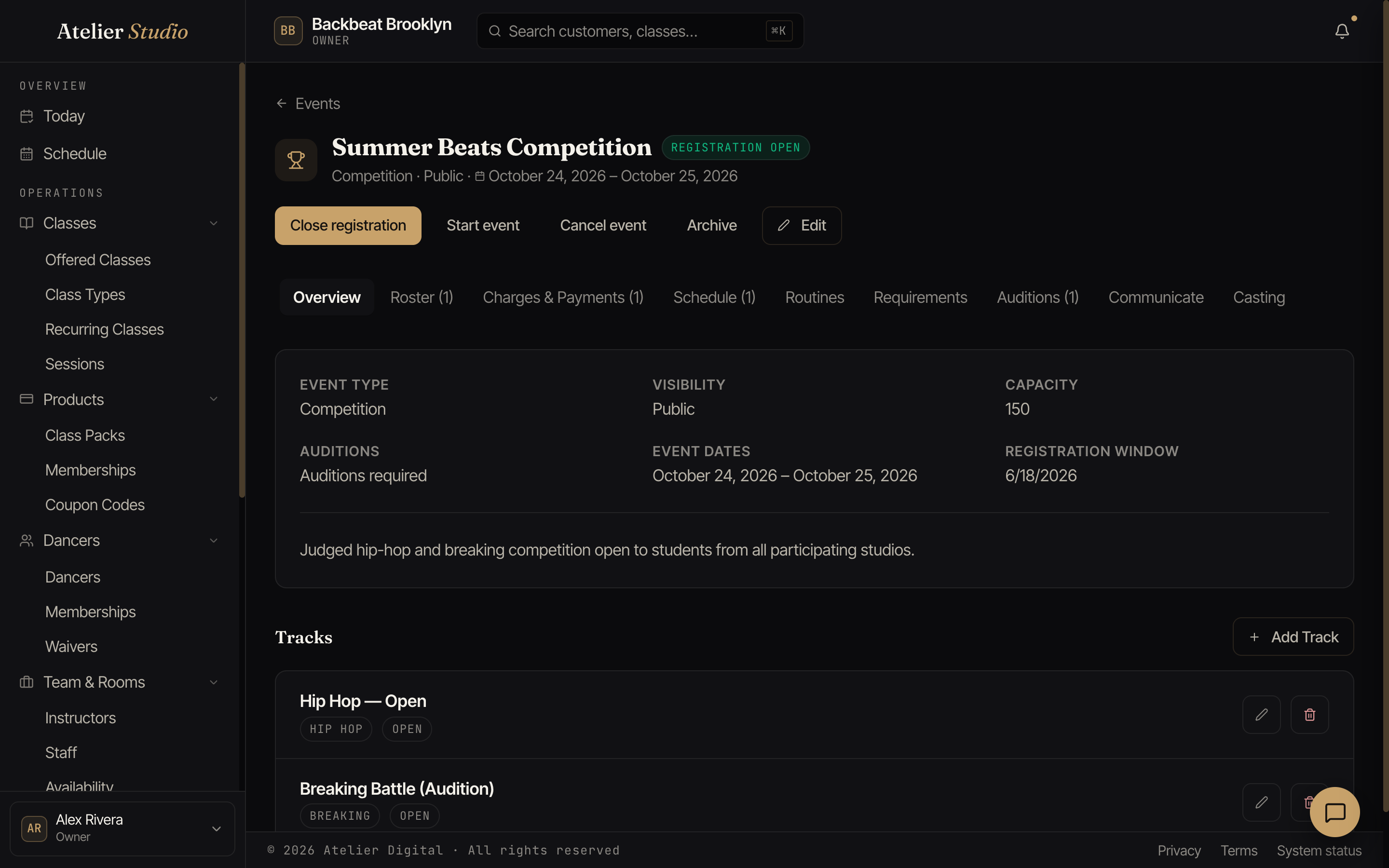 An event's detail page with tabs for roster, payments, schedule, and tracks.