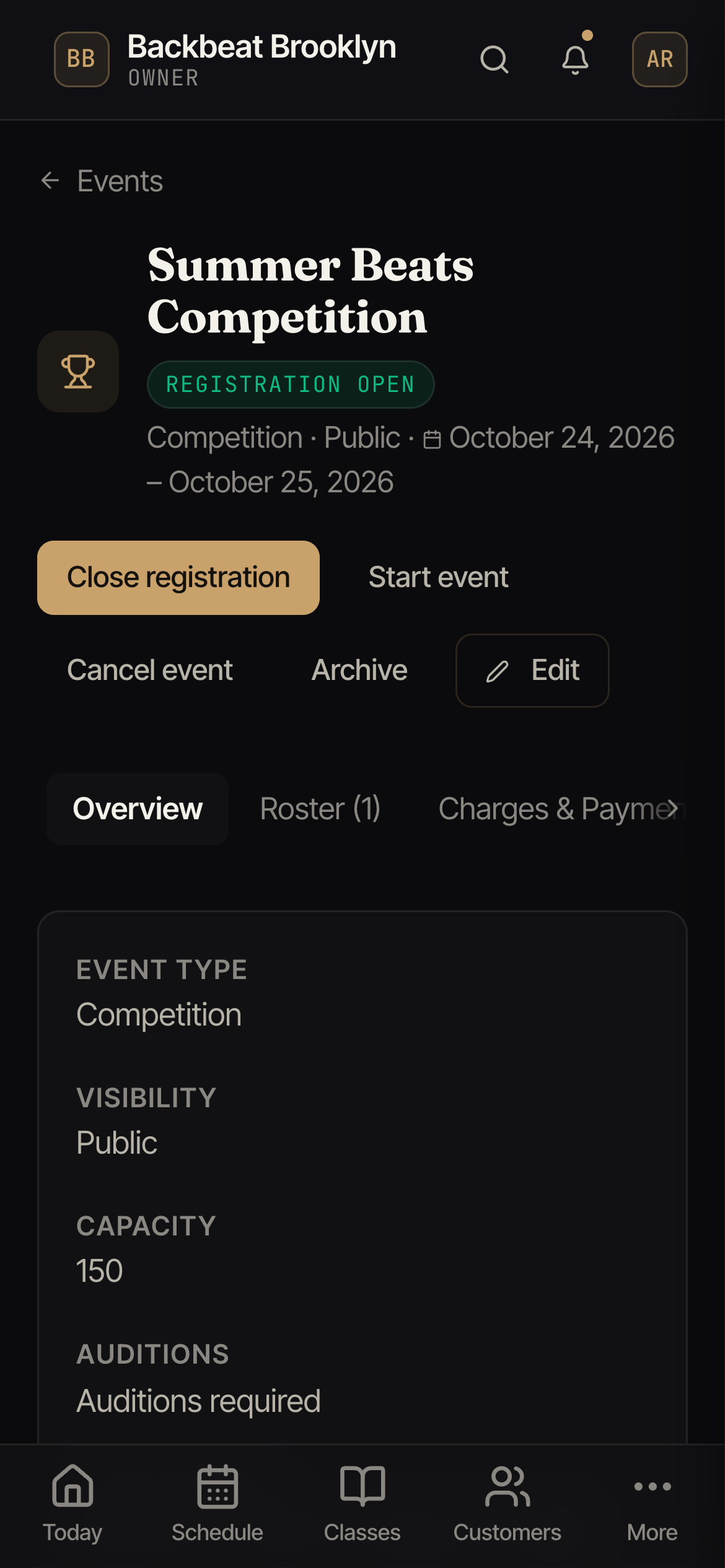 An event's detail page with tabs for roster, payments, schedule, and tracks.