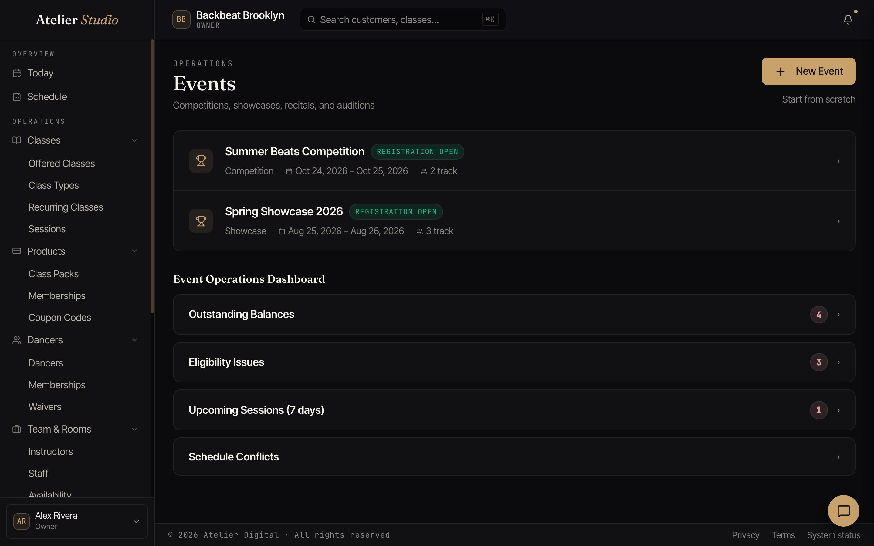The Events screen listing upcoming events and an operations dashboard.
