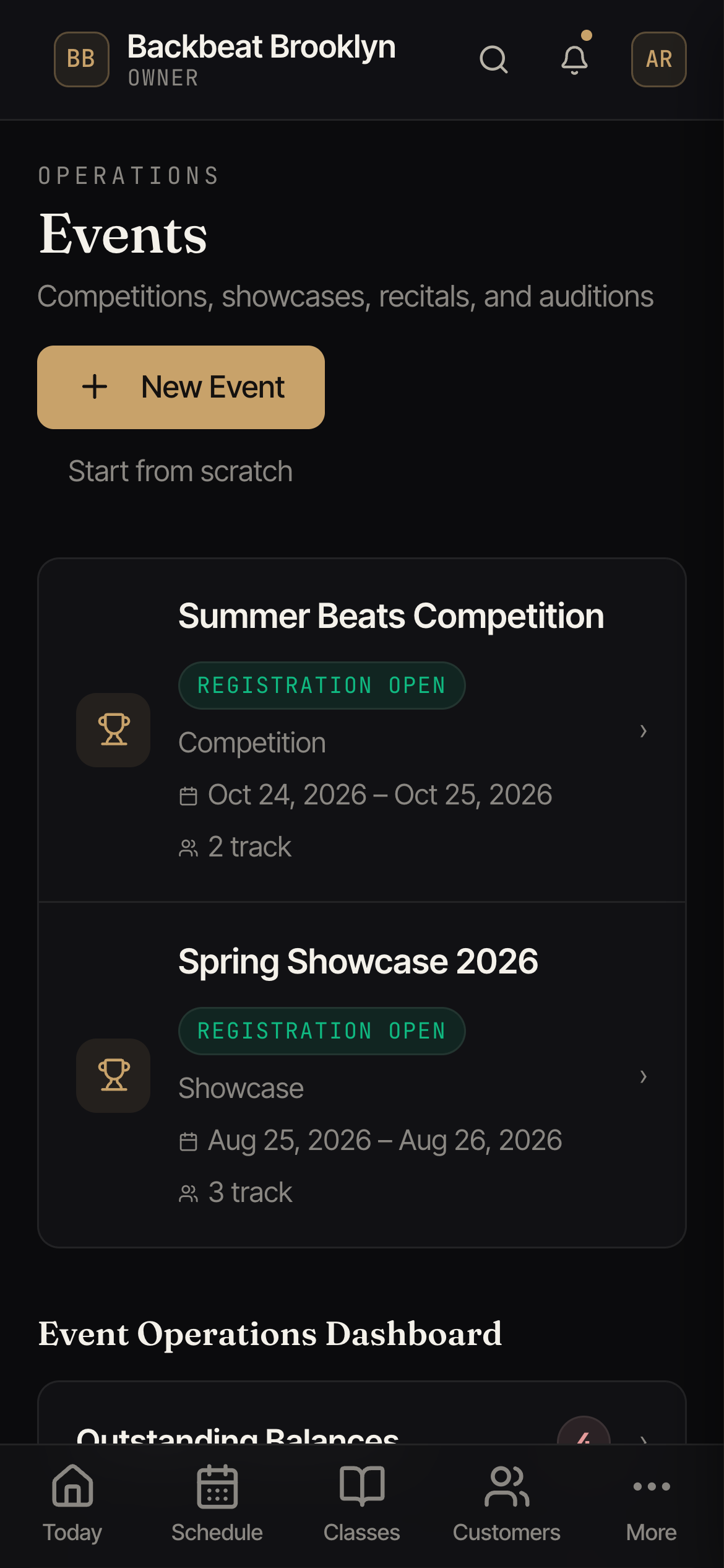 The Events screen listing upcoming events and an operations dashboard.
