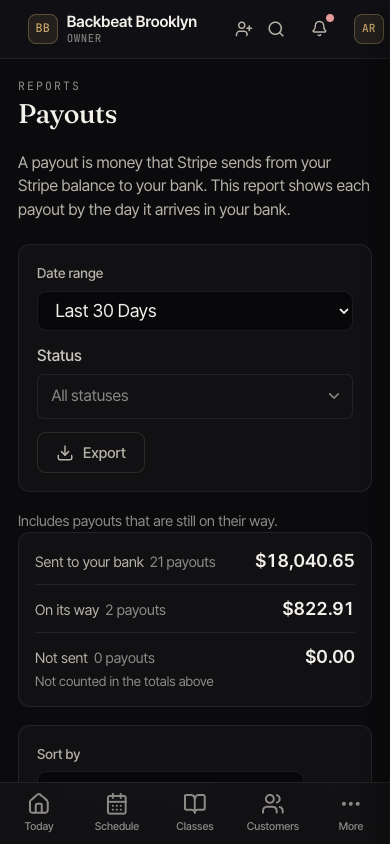 The Payouts report with a date range, totals for money sent to the bank, and a table of payouts.