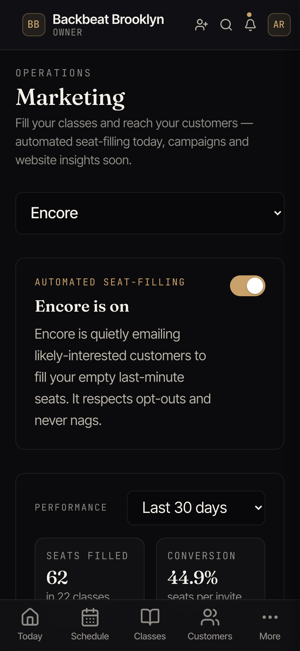 The Encore tab on the Marketing page, switched on, with its performance panel below.