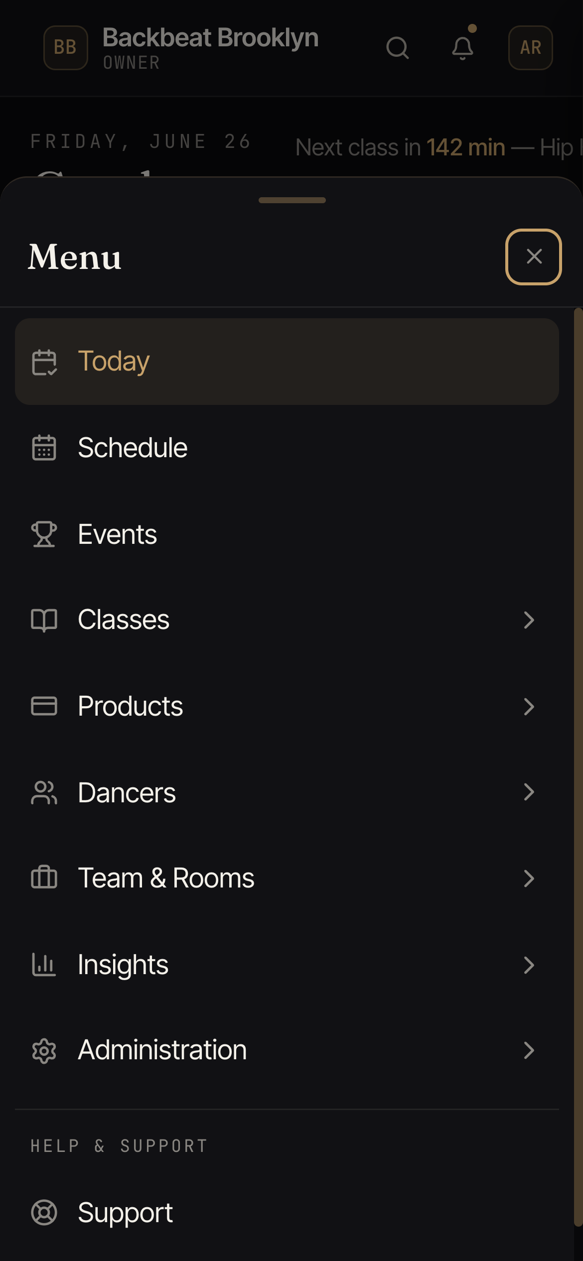The full menu sheet that slides up when you tap More on a phone.