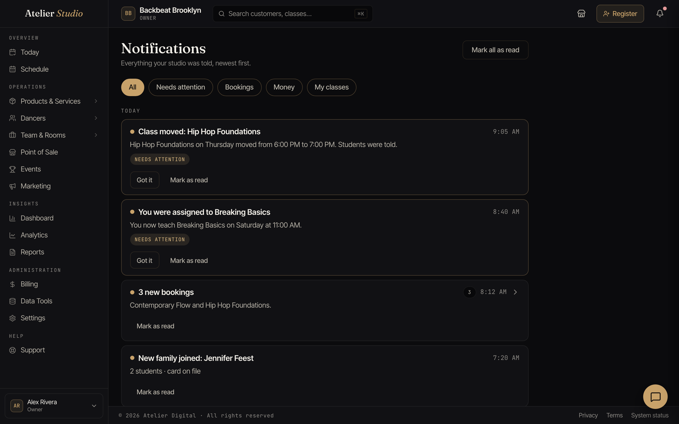 The Notifications page with filters at the top and today's items below