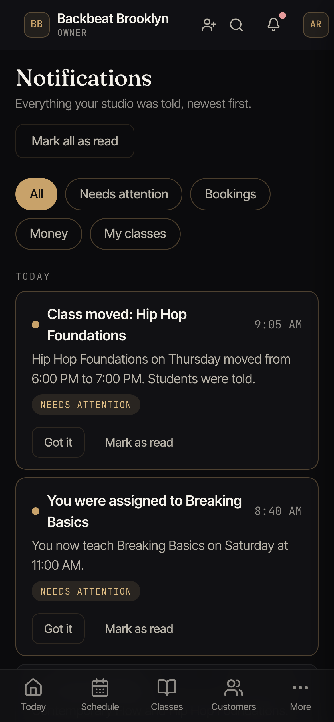 The Notifications page with filters at the top and today's items below
