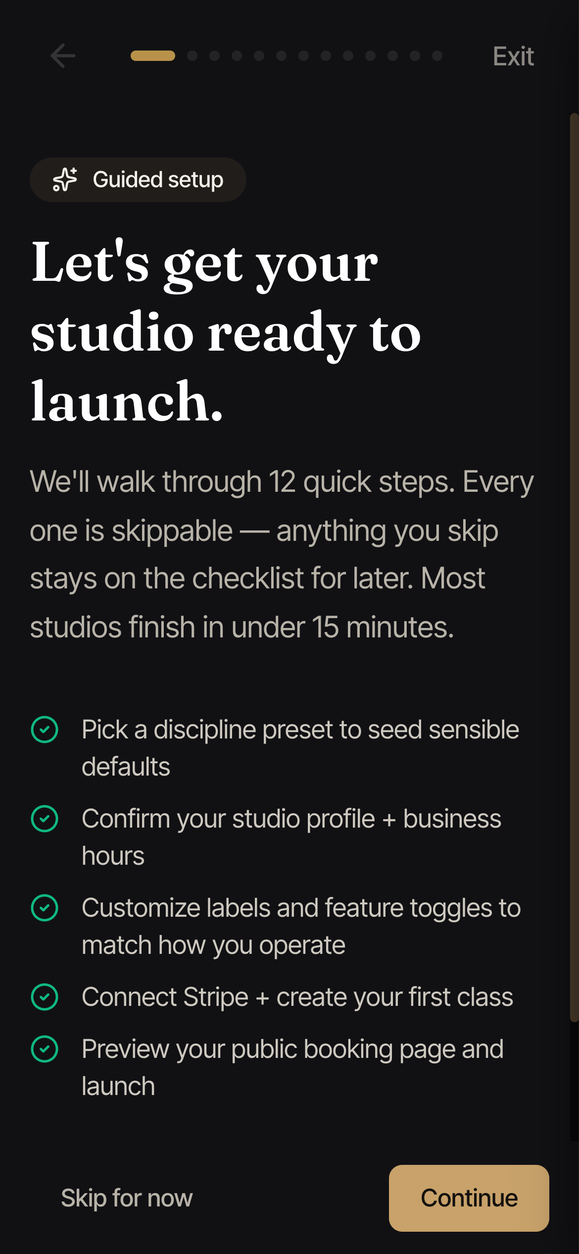 The guided setup wizard listing its steps down the side with a welcome screen.