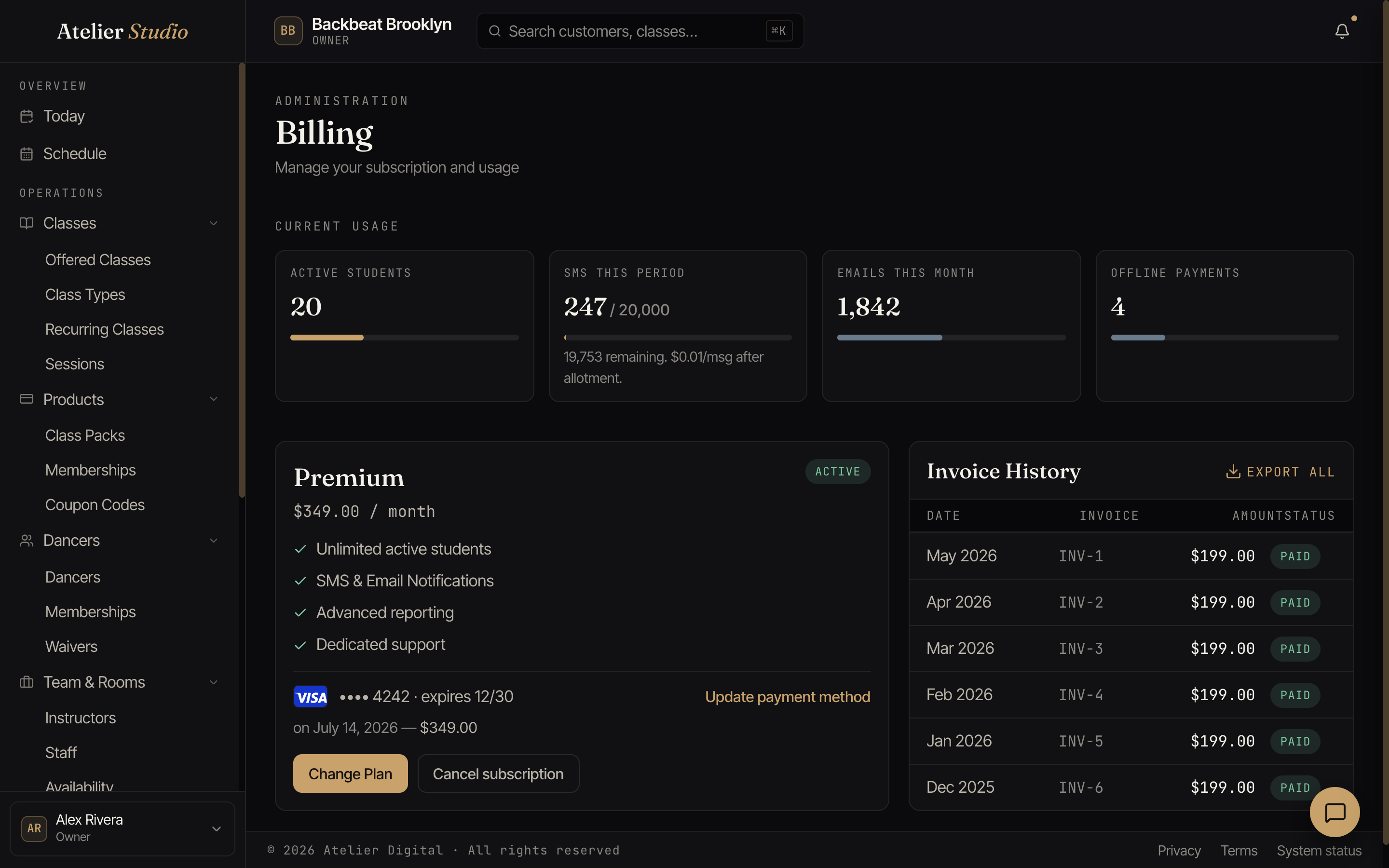 The Billing screen showing current usage, the active plan, payment method, and invoice history.