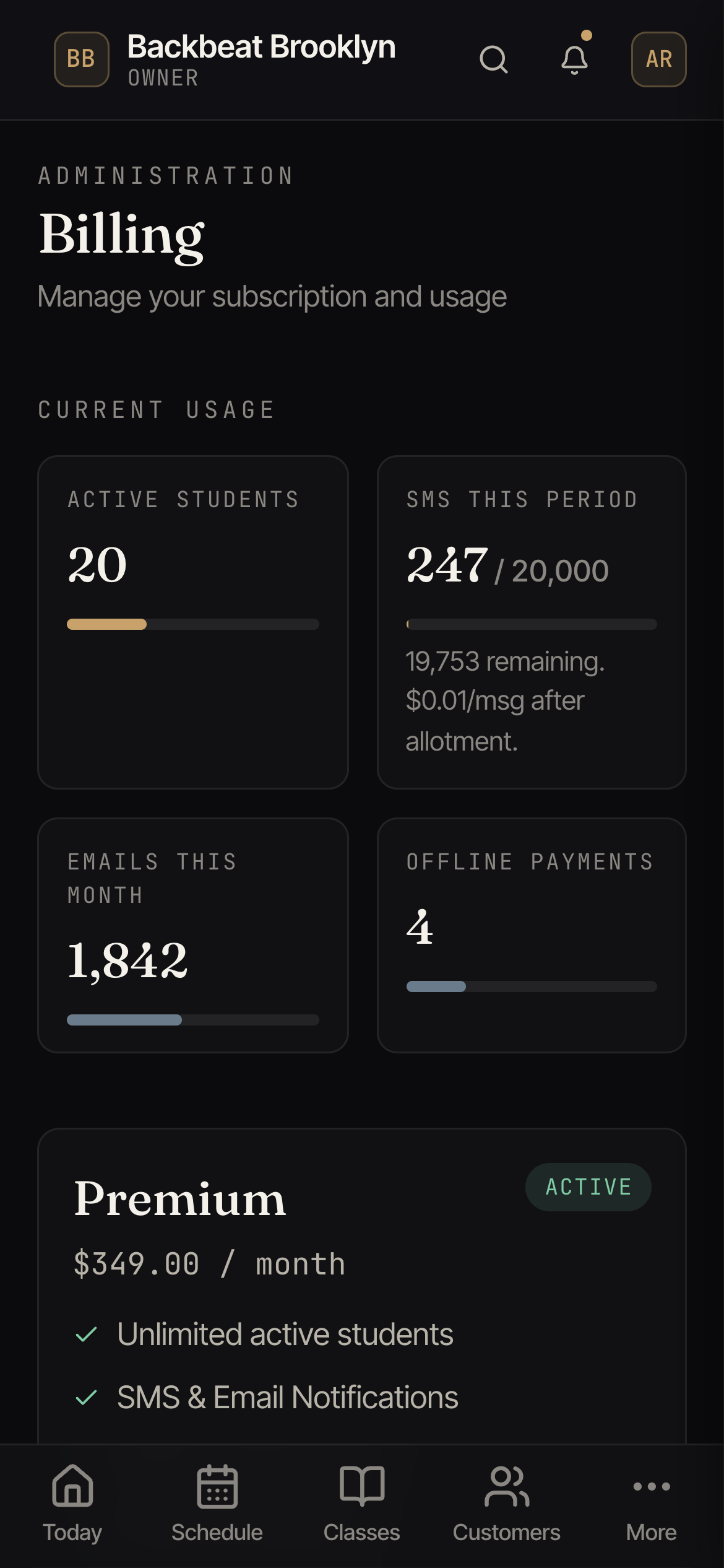 The Billing screen showing current usage, the active plan, payment method, and invoice history.