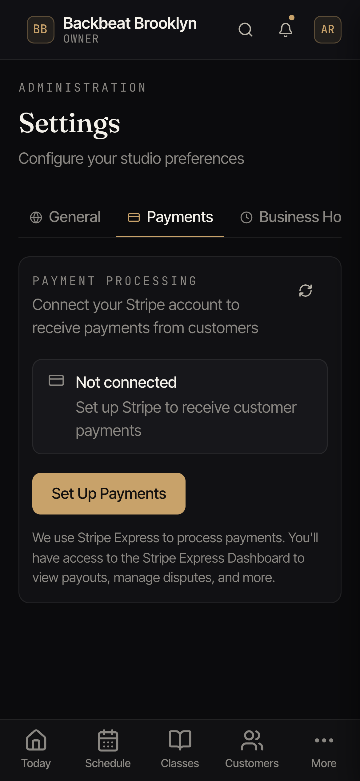 The Payments setting showing a 'Not connected' status and a Set Up Payments button.