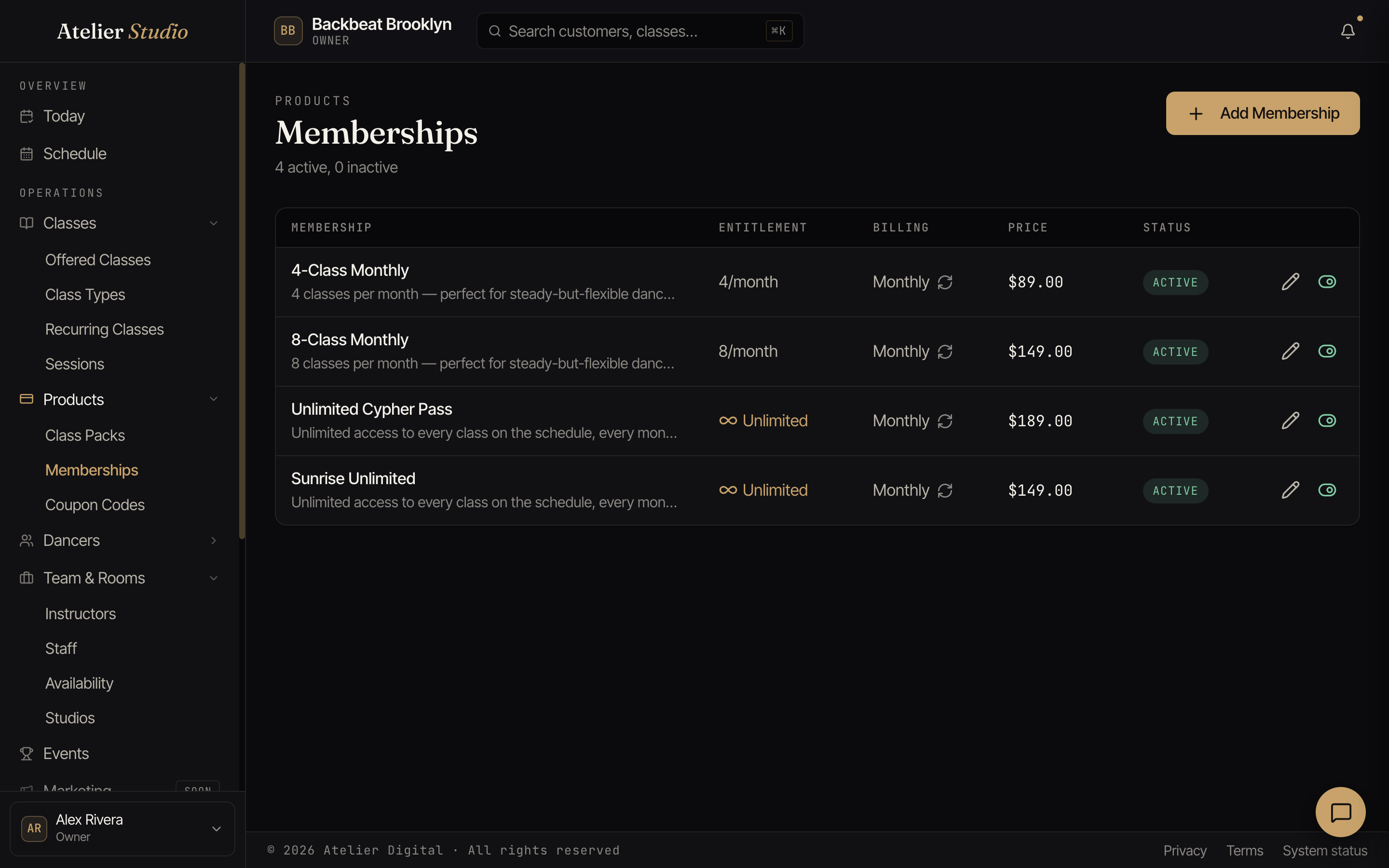 The Memberships screen listing plans with their entitlement, billing, and price.