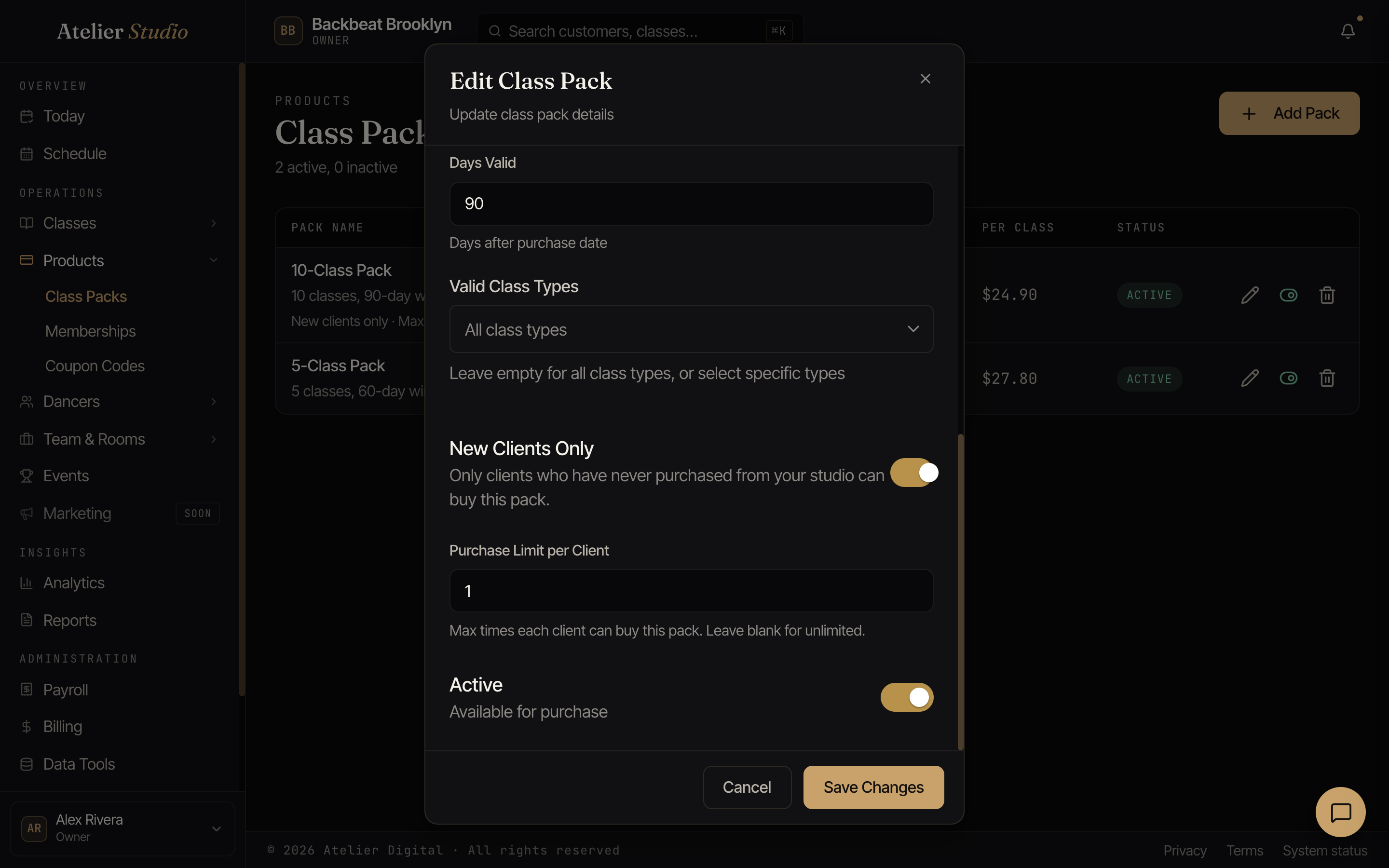 The Edit Class Pack screen showing the New Clients Only toggle switched on and a Purchase Limit per Client of 1.
