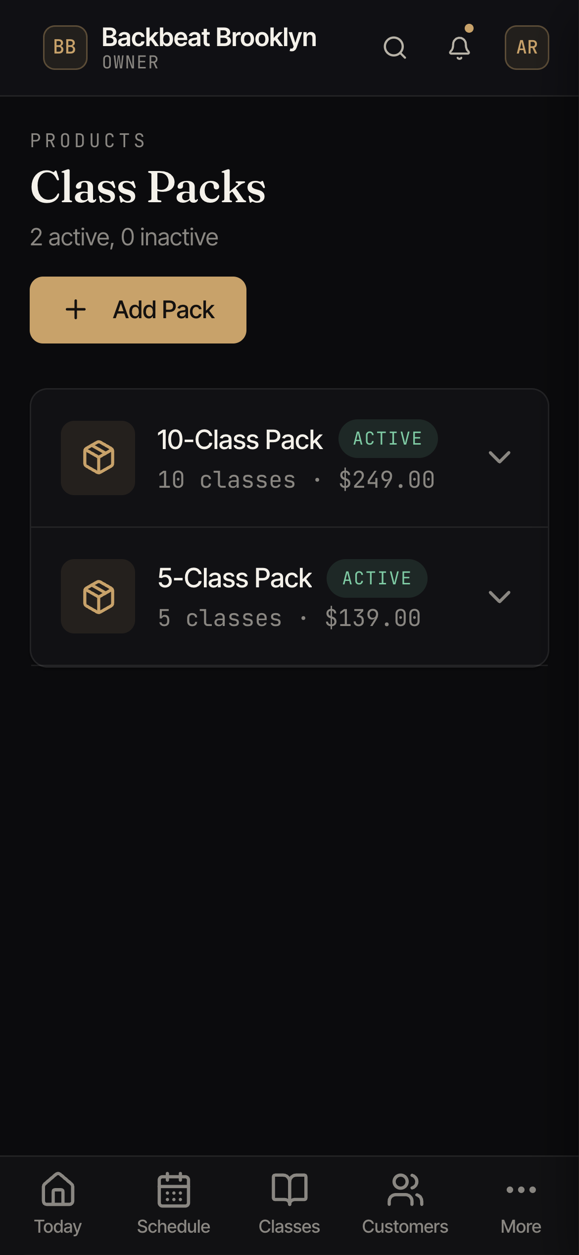 The Class Packs screen showing packs with their class count, expiry window, and price.