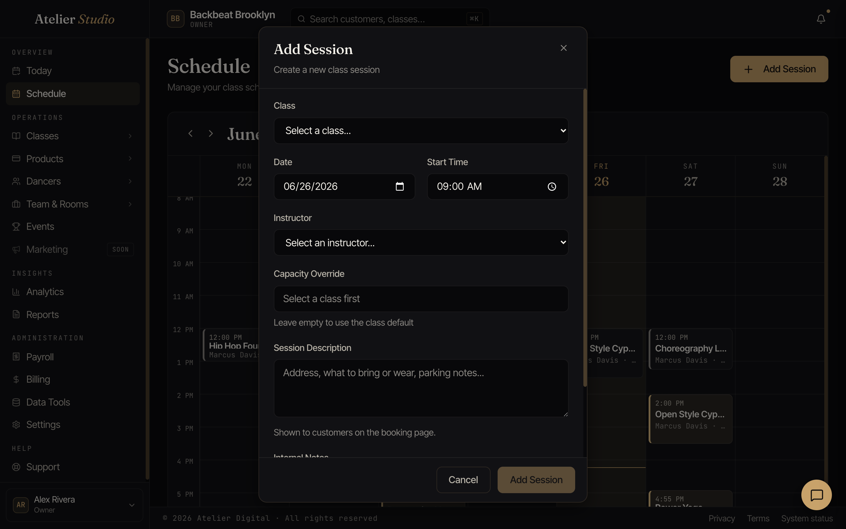 The Add Session form with fields for class, date, start time, instructor, capacity, and a description.