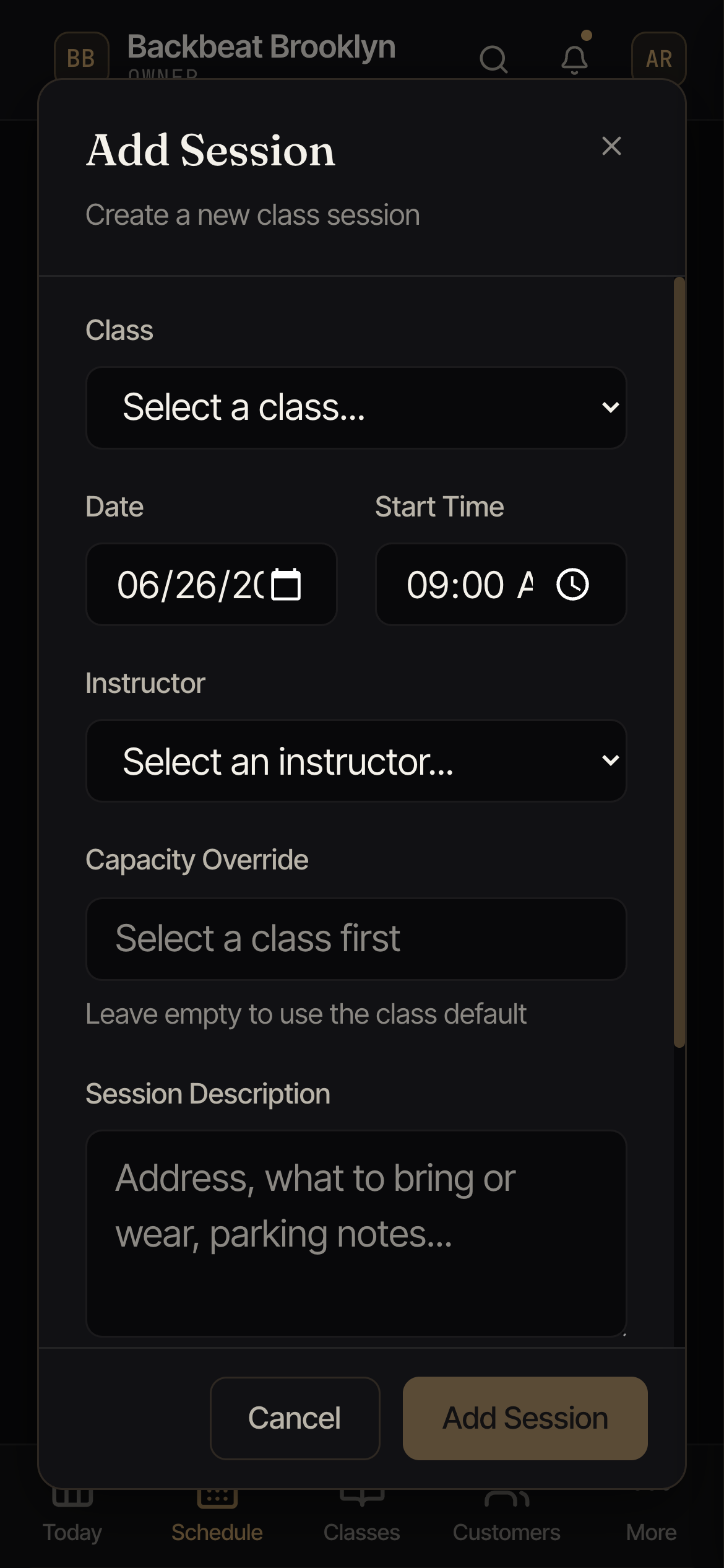 The Add Session form with fields for class, date, start time, instructor, capacity, and a description.