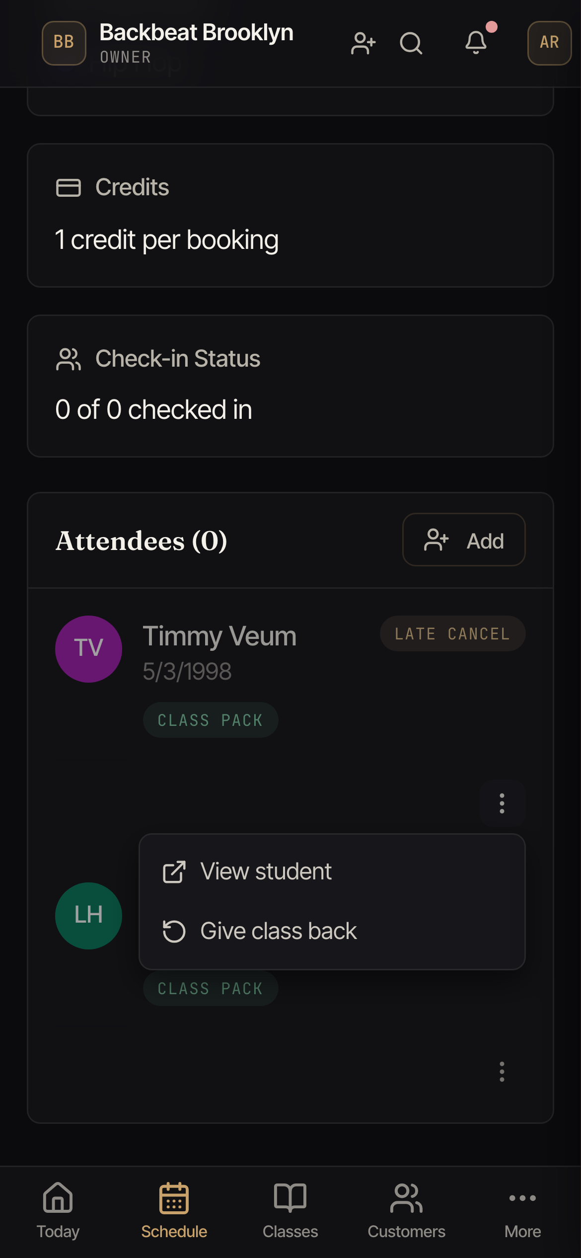 The class list with the menu open on a Late cancel row, showing View student and Give class back.